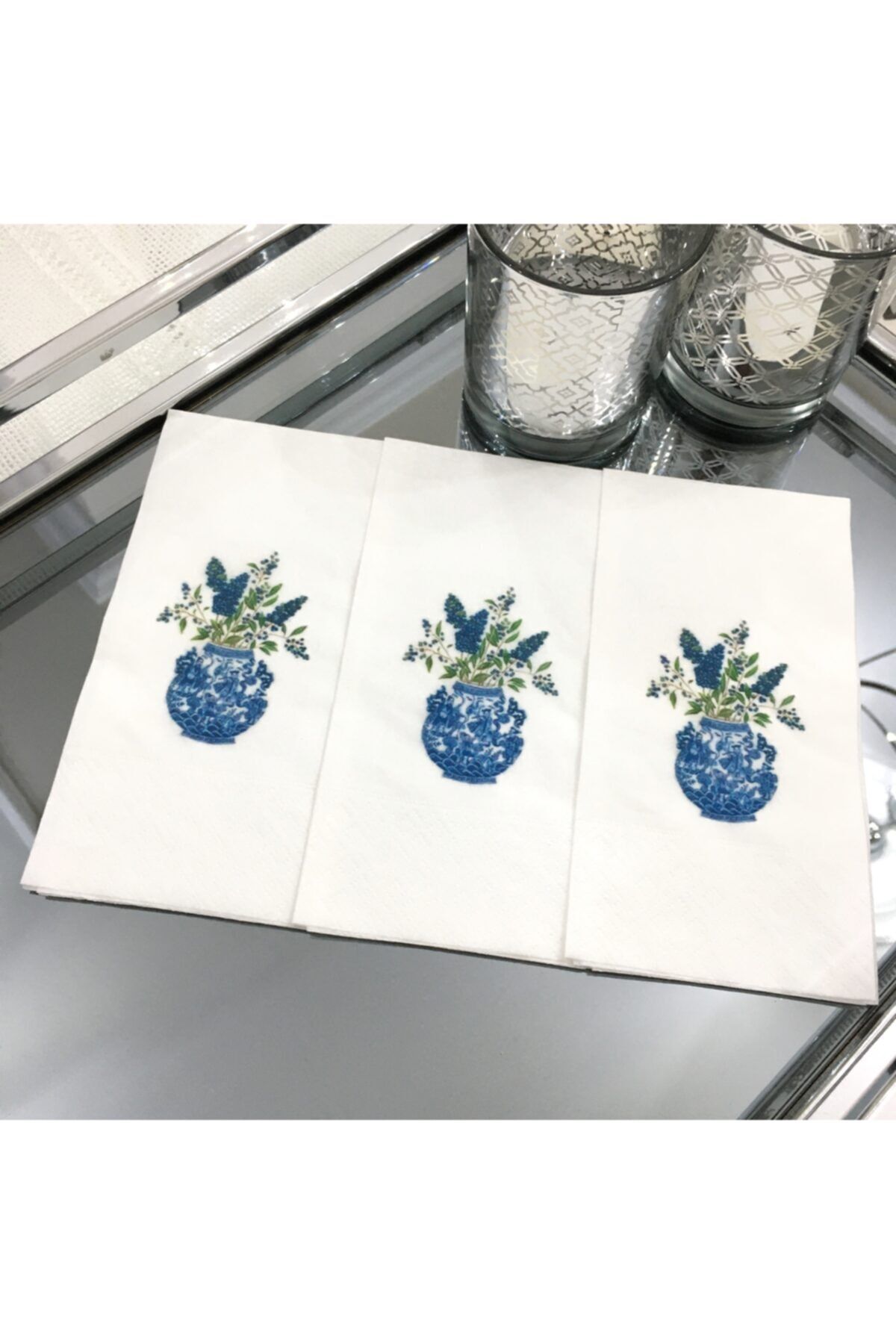 busrasdesign Cicekli Bleu Blanc Sunum Peçetesi 20li