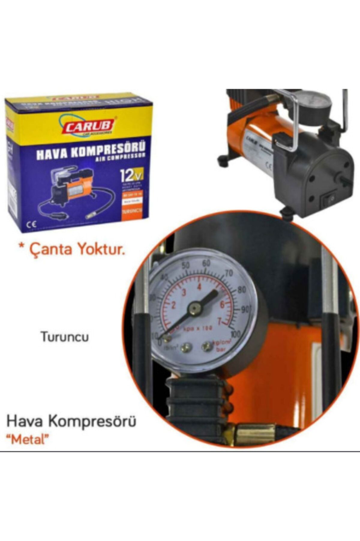 Carub Metal Gövdeli Hava Kompresörü Lastik Şişirme 12 Volt 150 Psi Turuncu-kırmızı