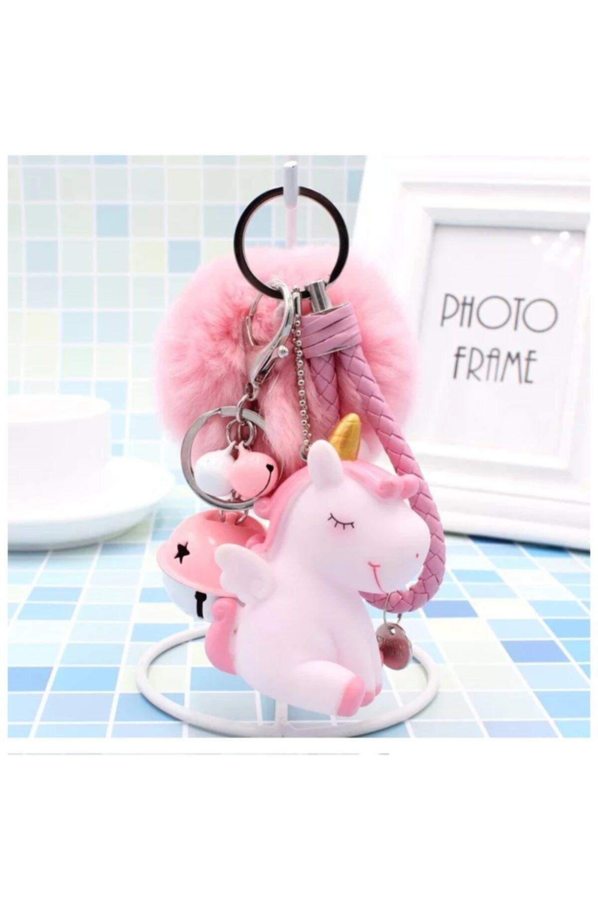 Pembe Çarşı Ponponlu Zilli Unicorn Anahtarlık Pembe