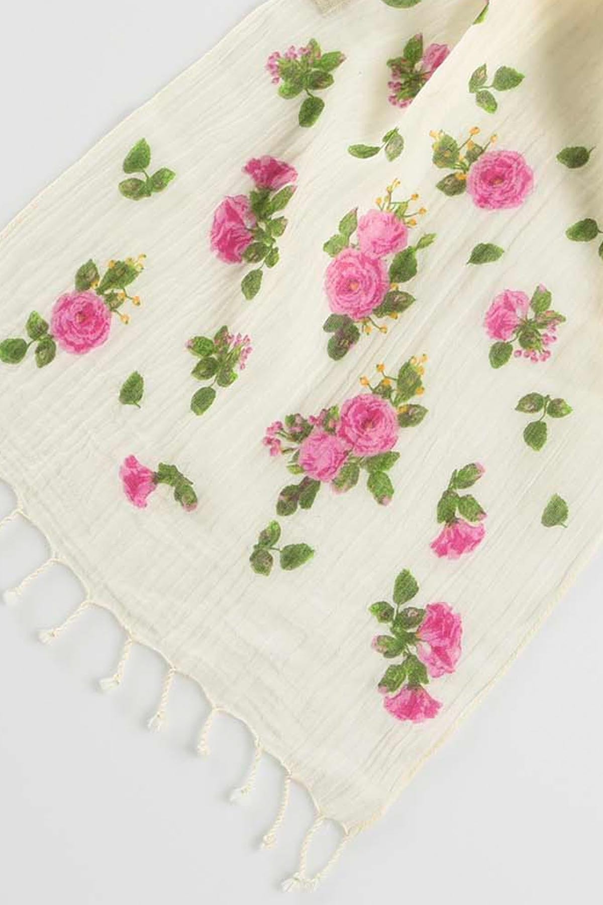 Dosimira Kadın Minik Güller Baskılı Pamuklu Saçaklı Fular