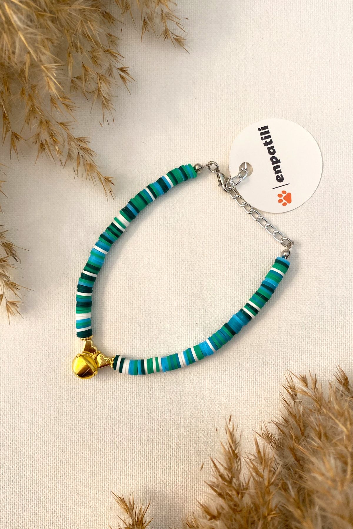 Enpatili Kedi Tasması Kedi Kolyesi Zilli Kalpli Gold Ayarlanabilir Yeşil Beyaz