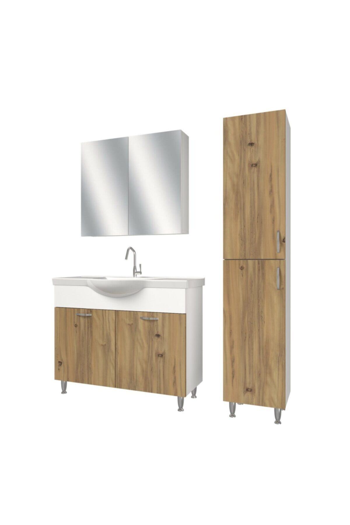 banos Tm1 Metal Ayaklı 2 Kapaklı Lavabolu Ceviz Mdf 100 Cm Banyo Dolabı Aynalı Üst Dolap Boy Dolabı