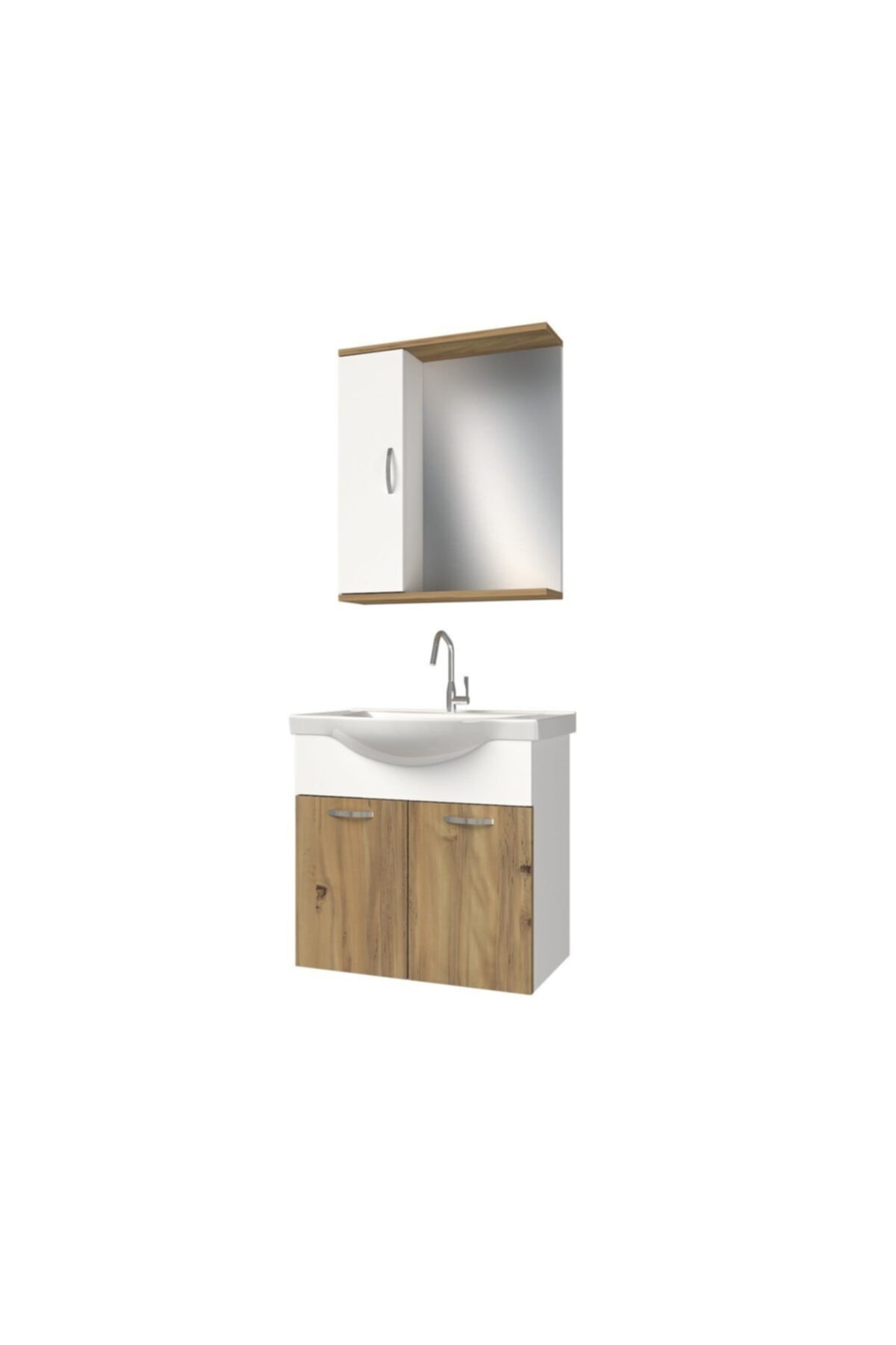 banos Kl2 Ayaksız 2 Kapaklı Lavabolu Ceviz Beyaz Mdf 65 Cm Banyo Dolabı Aynalı Üst Dolabı