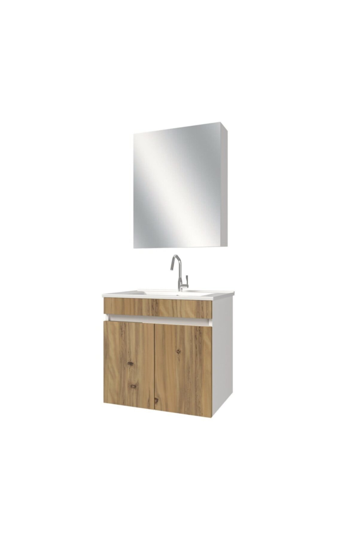 banos Al3 Ayaksız 2 Kapaklı Lavabolu Ceviz Mdf 65 Cm Banyo Dolabı Aynalı Üst Dolabı