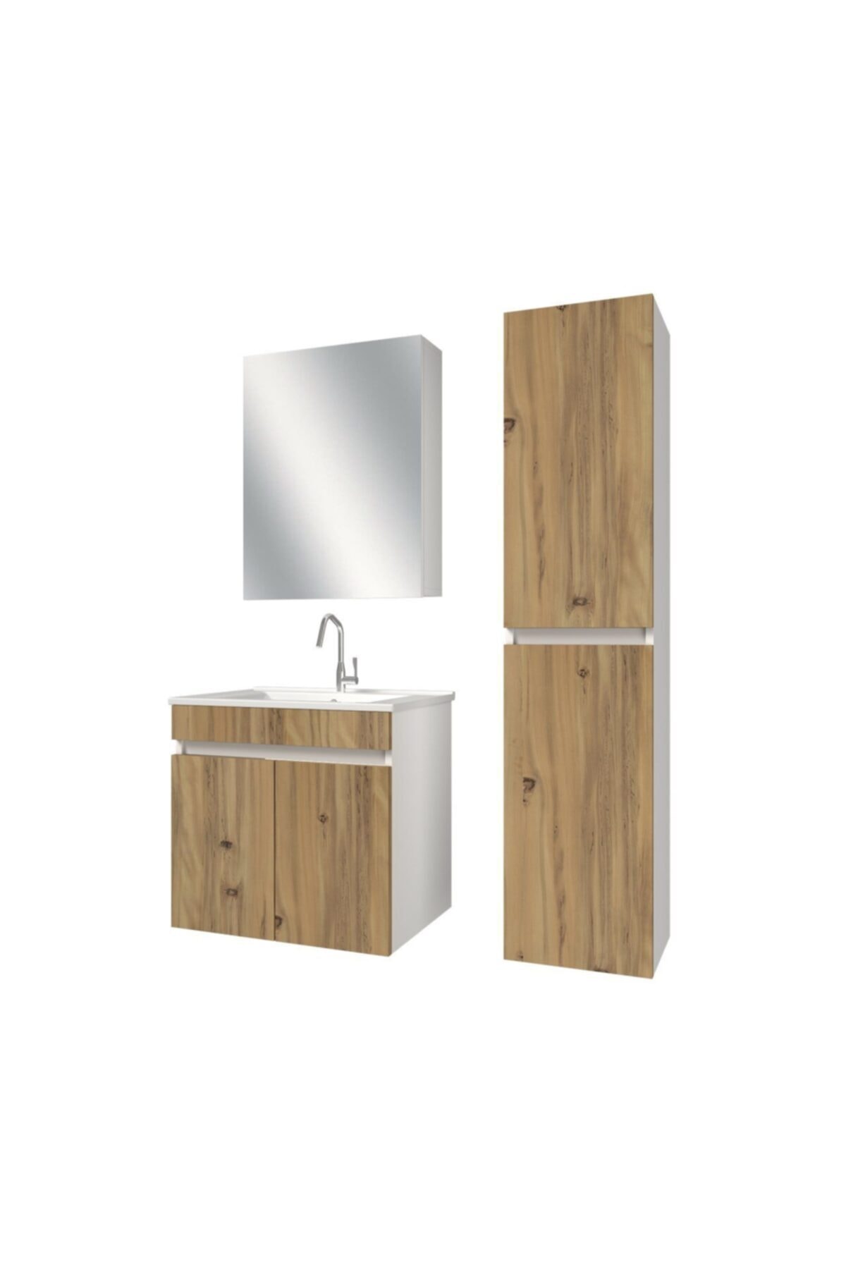 banos Tm3 Ayaksız 2 Kapaklı Lavabolu Ceviz Mdf 65 Cm Banyo Dolabı Aynalı Üst Dolap Boy Dolabı