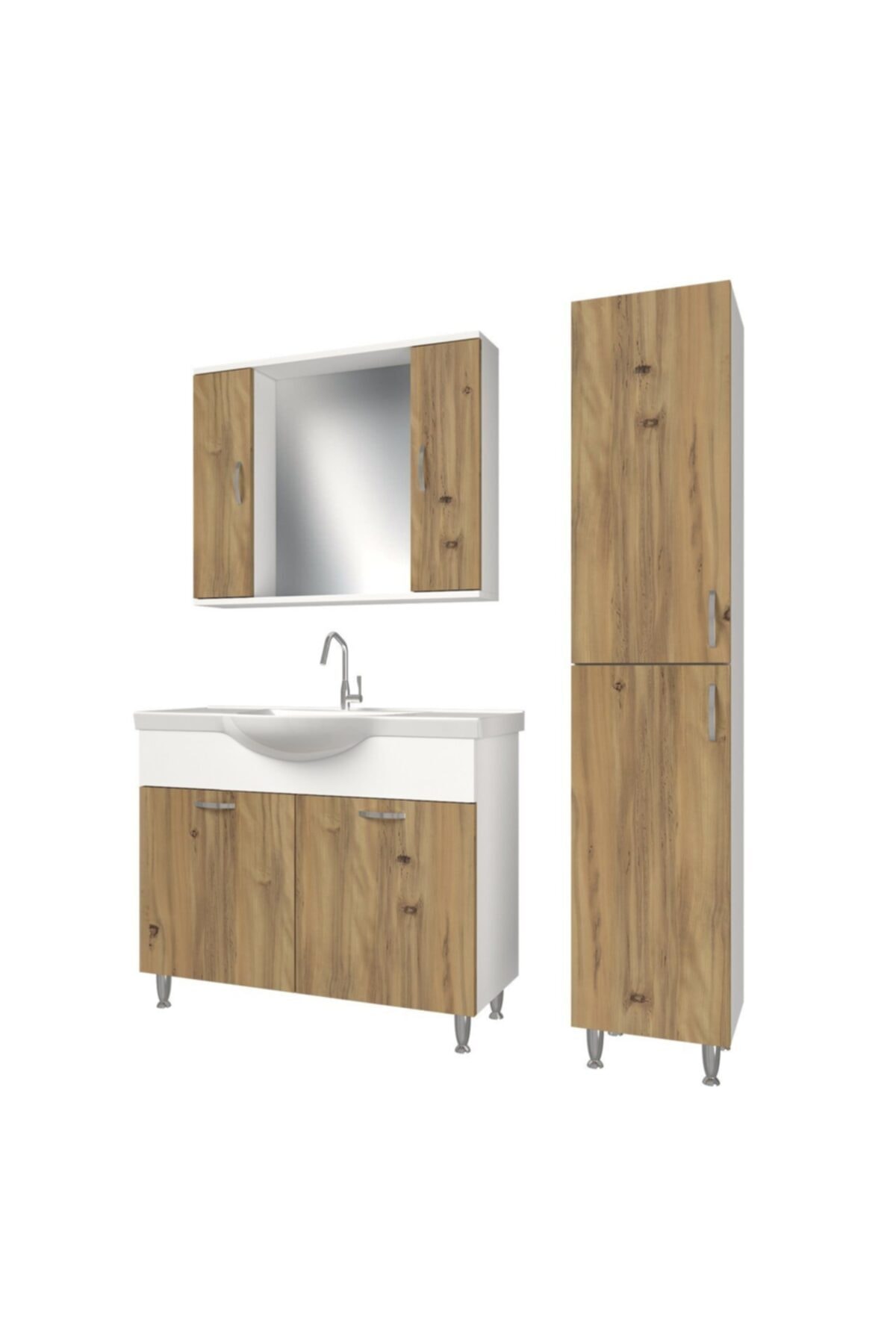 banos Kt5 Metal Ayaklı Lavabolu Ceviz Beyaz Mdf 100 Cm Banyo Dolabı Aynalı Üst Dolap Boy Dolabı