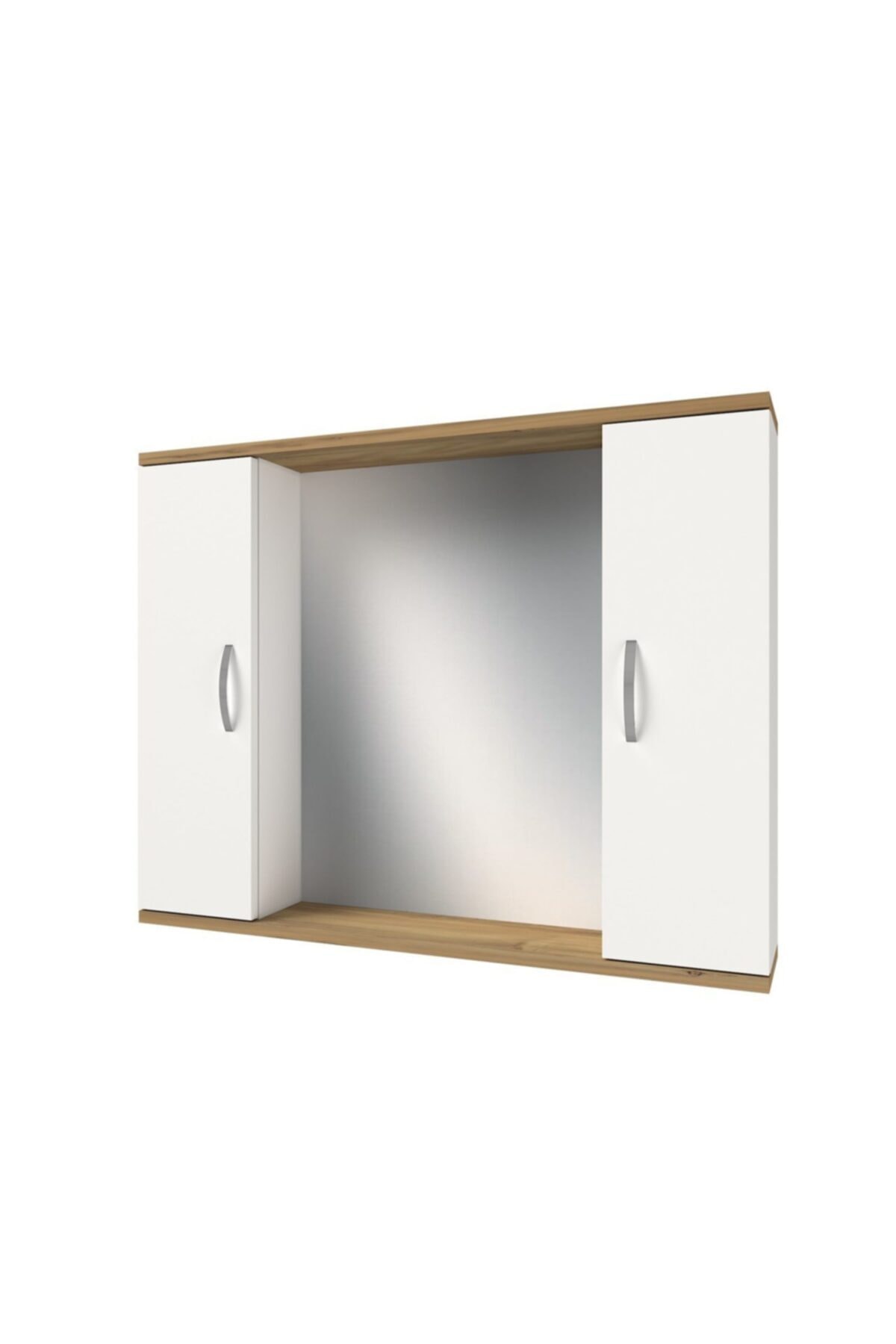 banos Ad3 Metal Kulplu 2 Kapaklı Beyaz Ceviz Mdf 95 Cm Aynalı Banyo Üst Dolabı