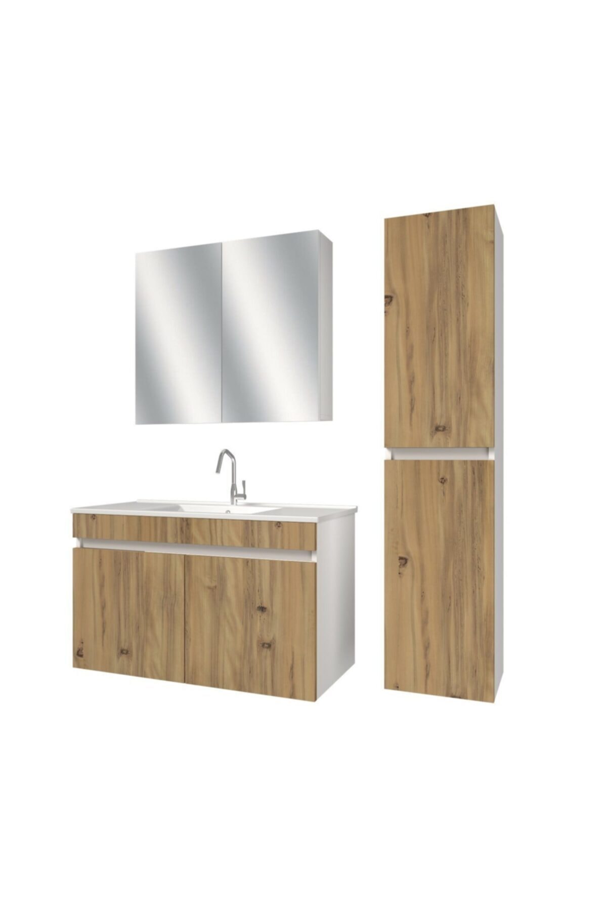 banos Tm3 Ayaksız 2 Kapaklı Lavabolu Ceviz Mdf 100 Cm Banyo Dolabı Aynalı Üst Dolap Boy Dolabı
