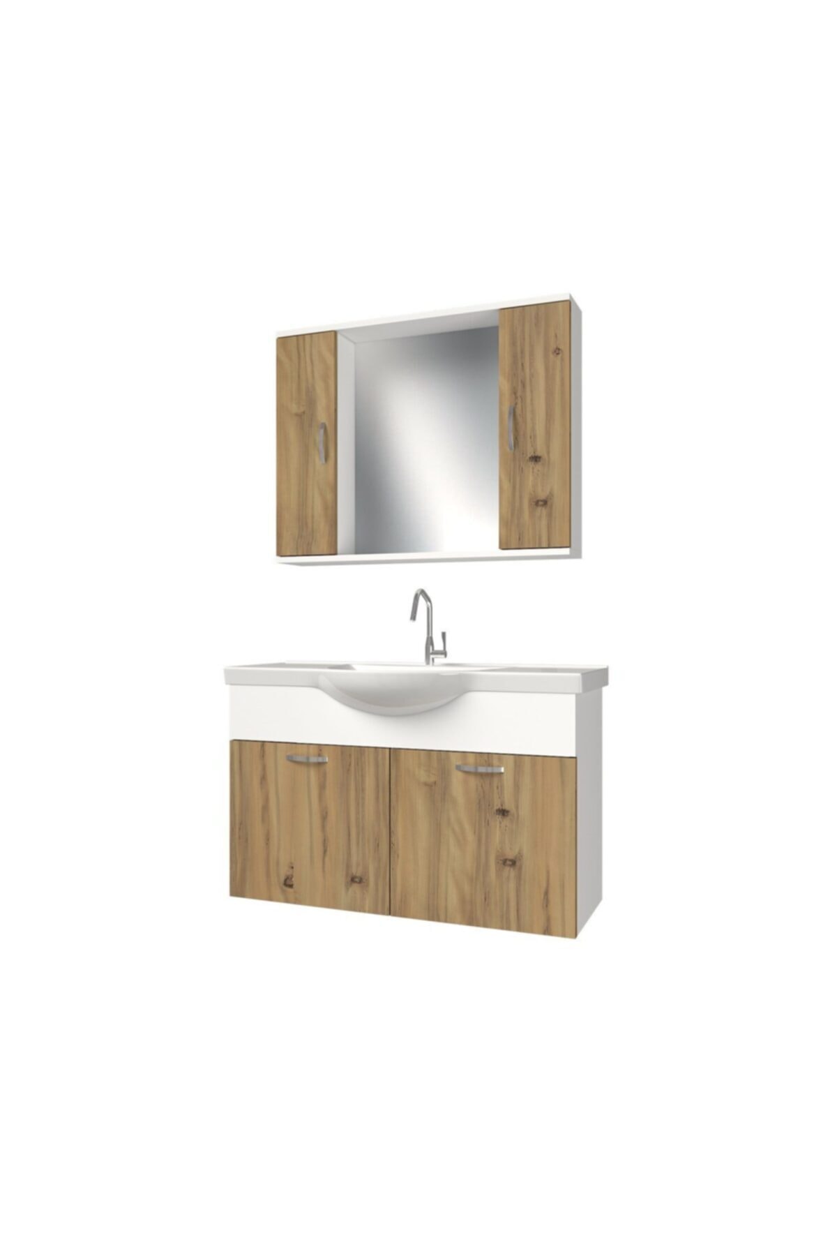 banos Kl6 Ayaksız 2 Kapaklı Lavabolu Ceviz Beyaz Mdf 100 Cm Banyo Dolabı Aynalı Üst Dolabı