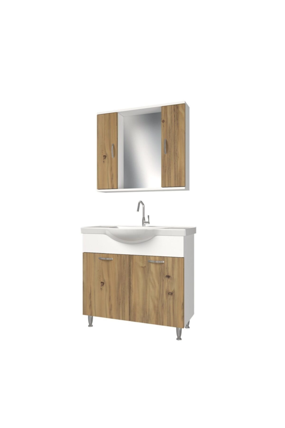 banos Kl5 Metal Ayaklı 2 Kapaklı Lavabolu Ceviz Beyaz Mdf 80 Cm Banyo Dolabı Aynalı Üst Dolabı