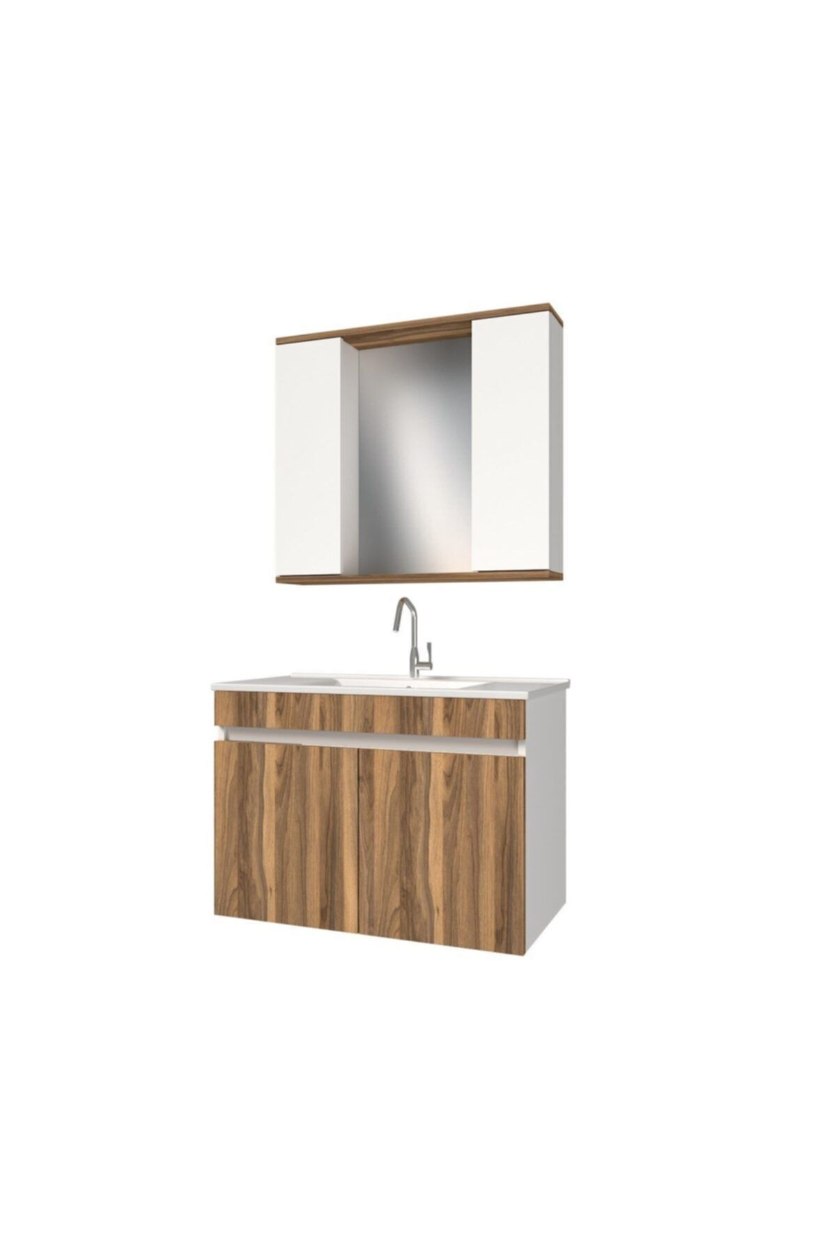 banos Kl3 Ayaksız 2 Kapaklı Lavabolu Tesbih Beyaz Mdf 85 Cm Banyo Dolabı Aynalı Üst Dolabı