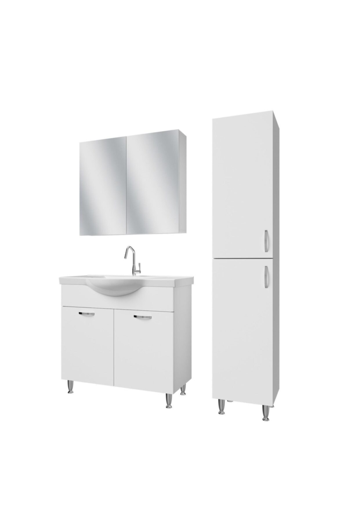 banos Tm1 Metal Ayaklı 2 Kapaklı Lavabolu Beyaz Mdf 80 Cm Banyo Dolabı Aynalı Üst Dolap Boy Dolabı