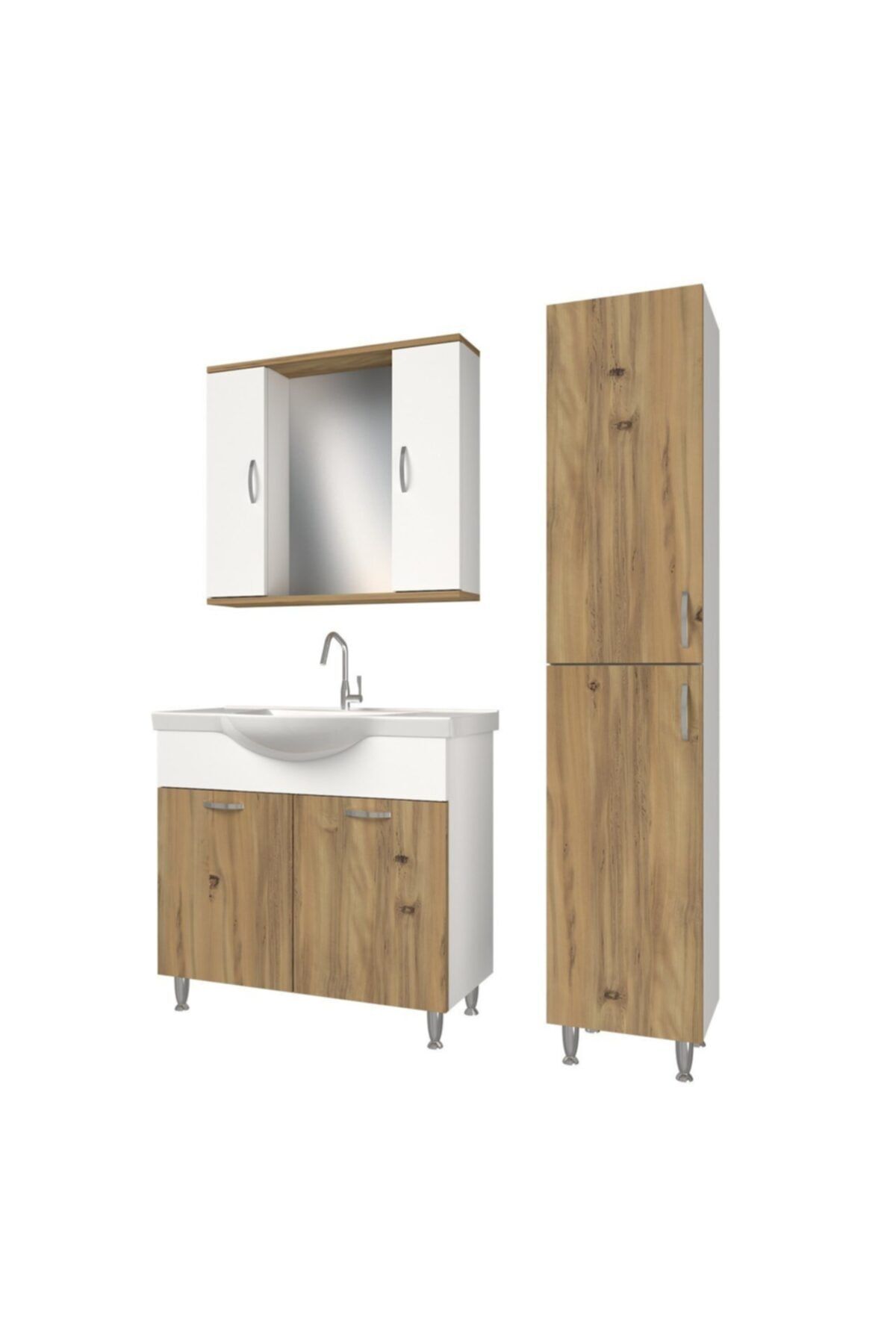banos Kt1 Metal Ayaklı Lavabolu Ceviz Beyaz Mdf 80 Cm Banyo Dolabı Aynalı Üst Dolap Boy Dolabı