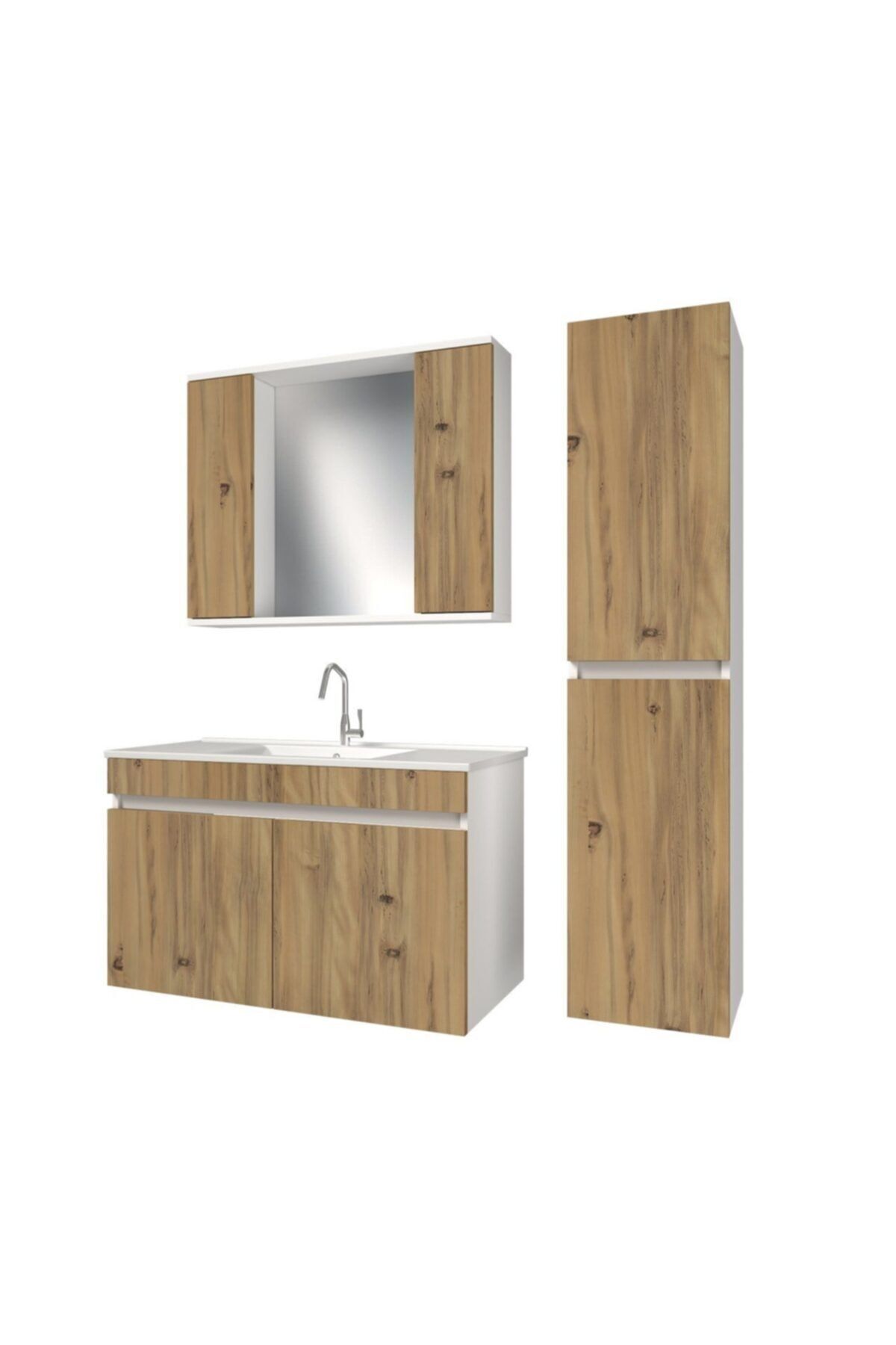 banos Kt7 Ayaksız 2 Kapaklı Lavabolu Ceviz Beyaz Mdf 100 Cm Banyo Dolabı Aynalı Üst Dolap Boy Dolabı