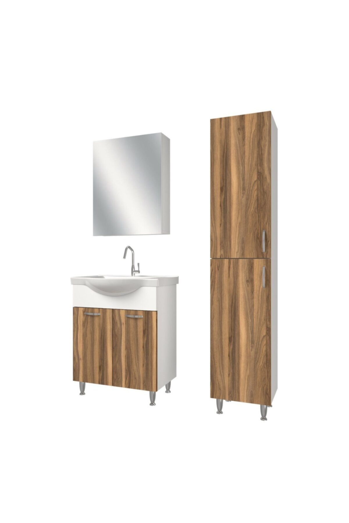 banos Tm1 Metal Ayaklı 2 Kapaklı Lavabolu Tesbih Mdf 65 Cm Banyo Dolabı Aynalı Üst Dolap Boy Dolabı