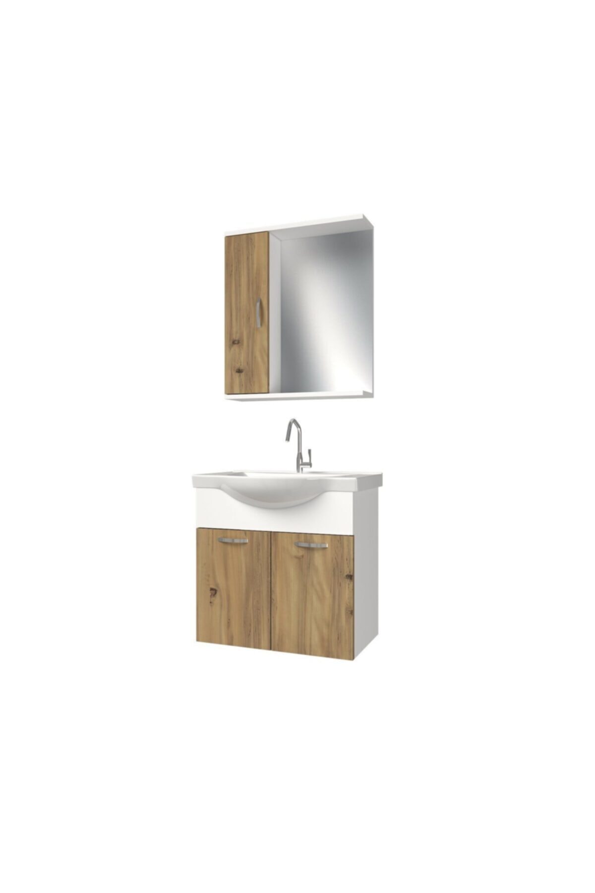 banos Kl6 Ayaksız 2 Kapaklı Lavabolu Ceviz Beyaz Mdf 65 Cm Banyo Dolabı Aynalı Üst Dolabı