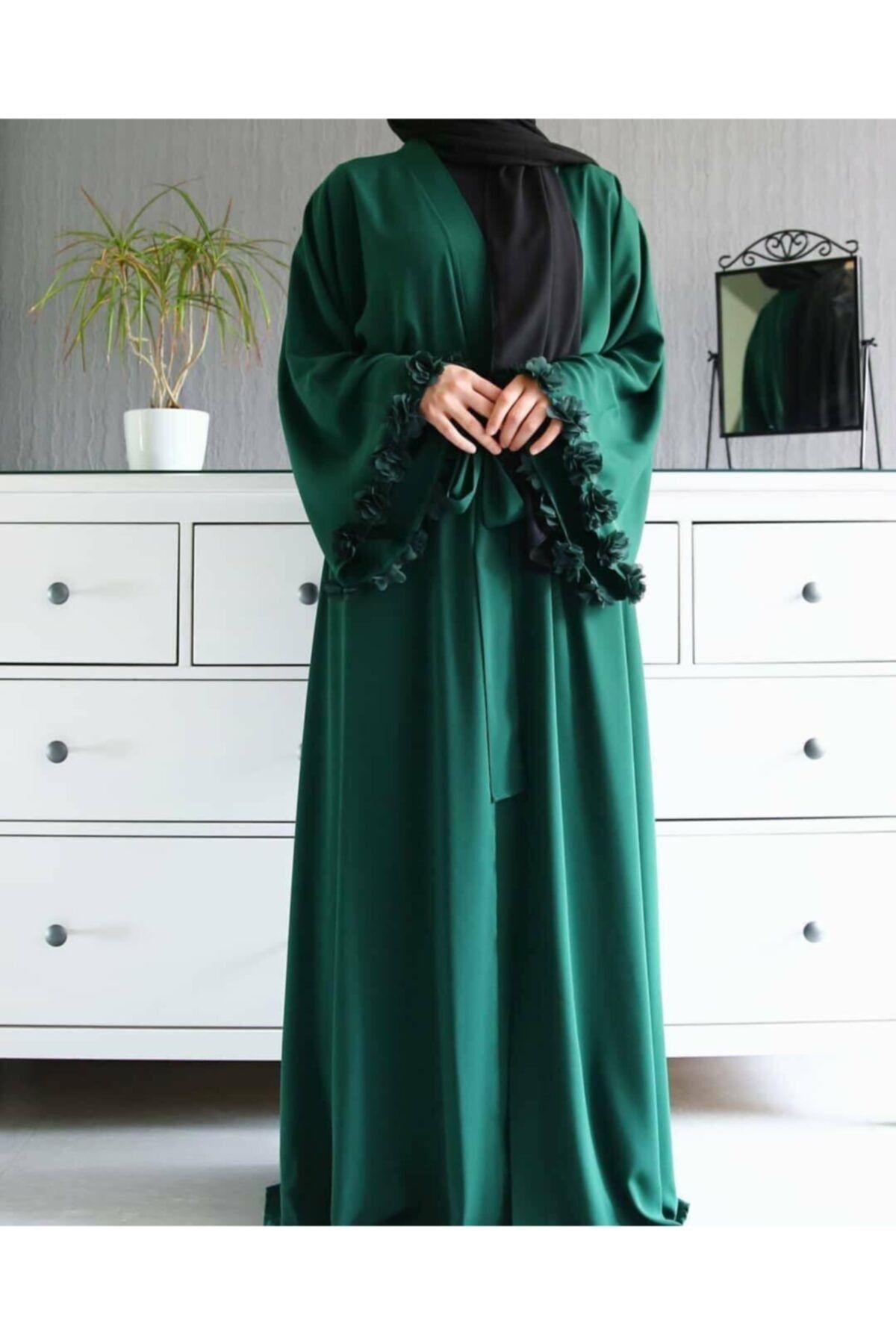 RUHA ŞİFA TESETTUR Hayal Abaya Zümrüt Yeşili Cıcekkol Abaya Tesettur Özel Tasarım