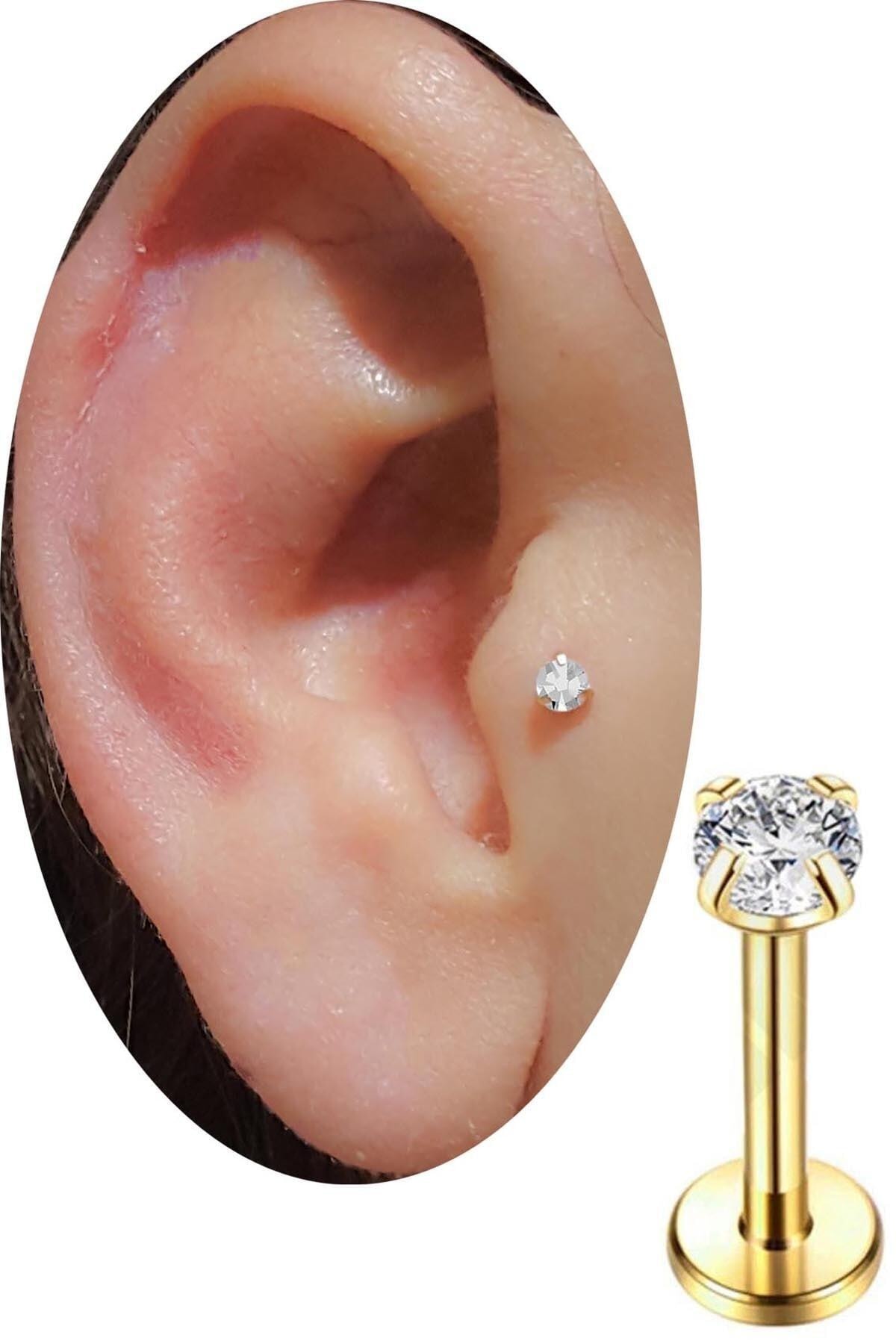 SHESTAKI Gold Renkli Taşlı Tragus Helix Cerrahi Çelik Kulak Kıkırdak Piercing 8 mm