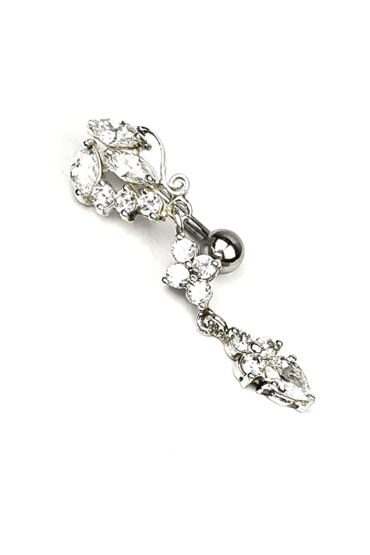 OSESHOP Zirkon Taşlı Gümüş Barı 316l Anti Alerjik Cerrahi Çelık Göbek Piercing