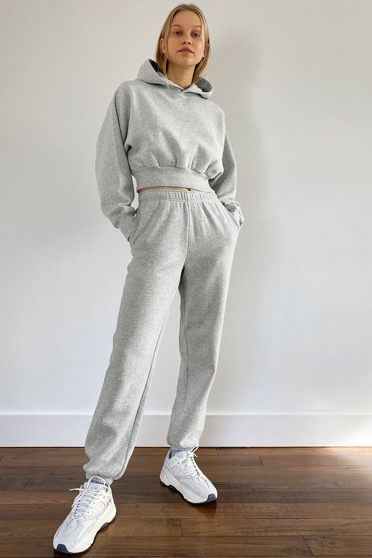 Soufeel Gri Kurusu Crop Kısa Kapüşonlu Sweatshirt