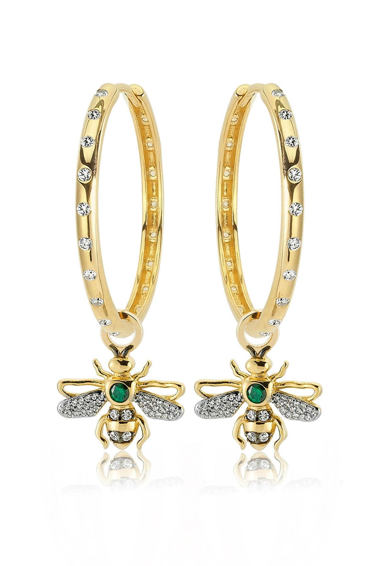 Valori Jewels Kraliçe Arı, Yeşil Beyaz Swarovski Zirkon Taşlı, Altın Rengi Gümüş Büyük Boy Still Halka Charm Küpe