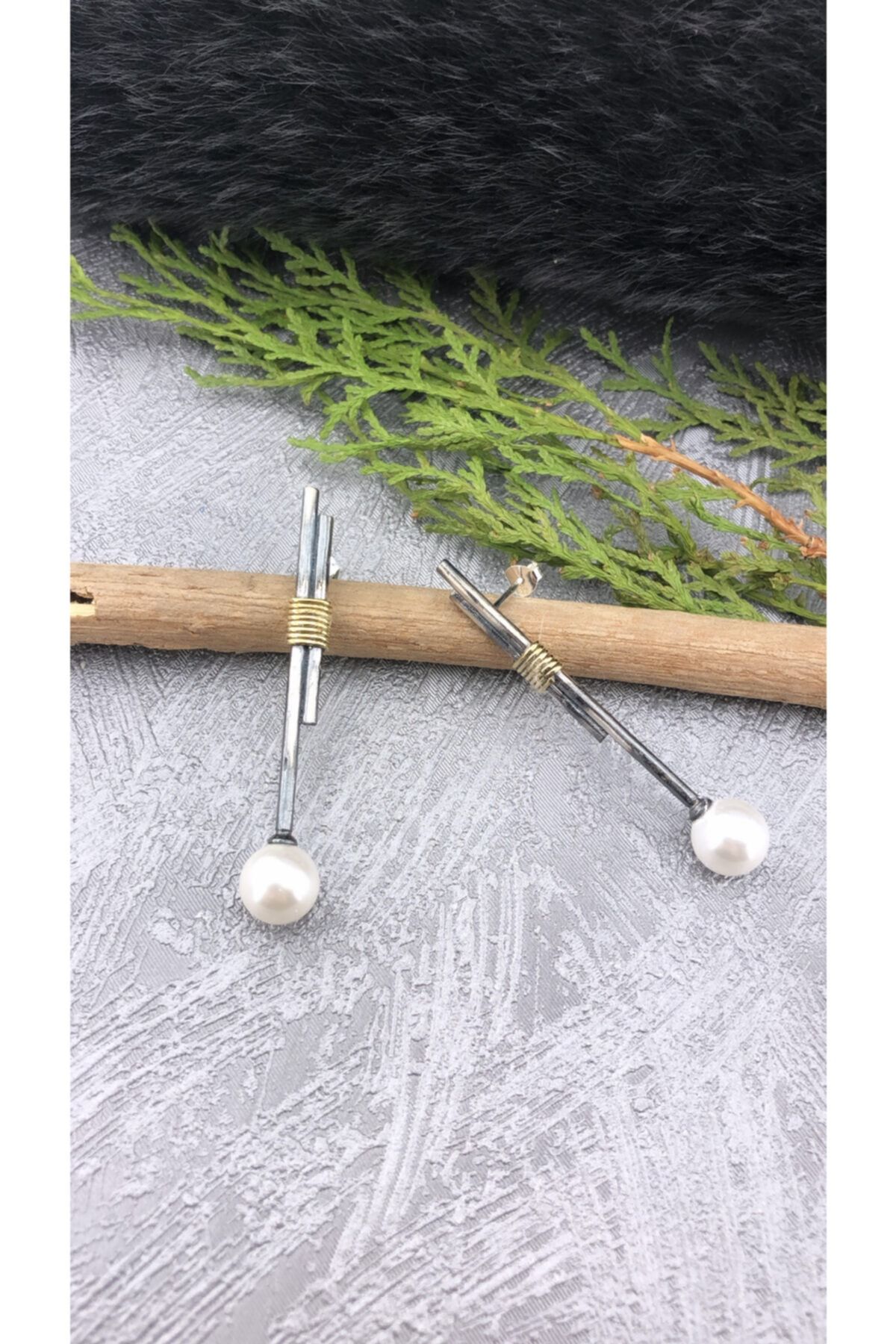 Joel Jewelry El Yapımı Oksitli Inci Taşlı Bronz Detaylı Bambu Model 925 Ayar Küpe