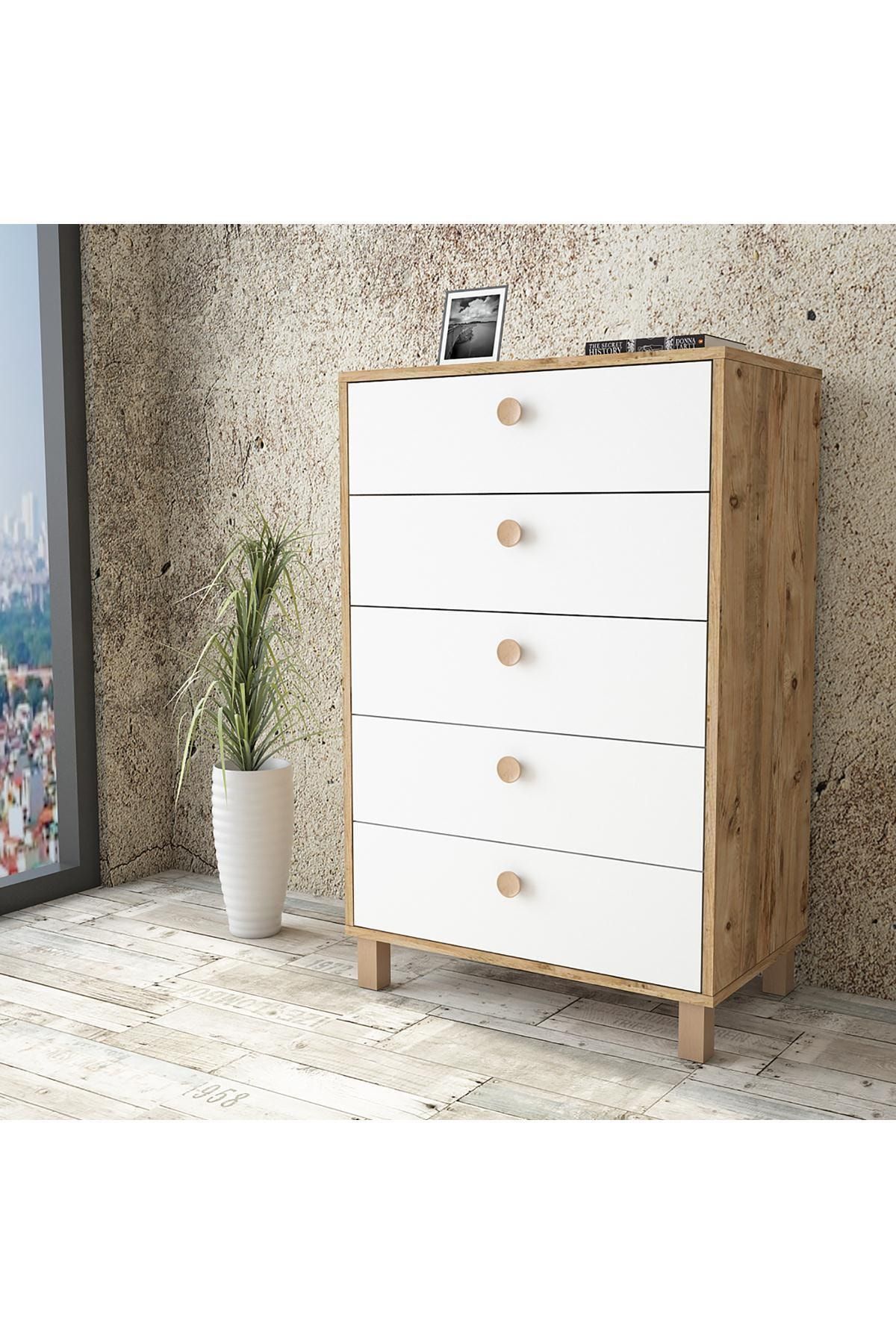 Robin Home Arya Şifonyer Ahşap Ayak, 5Çekmece Çam Beyaz Kayın Ar82-217