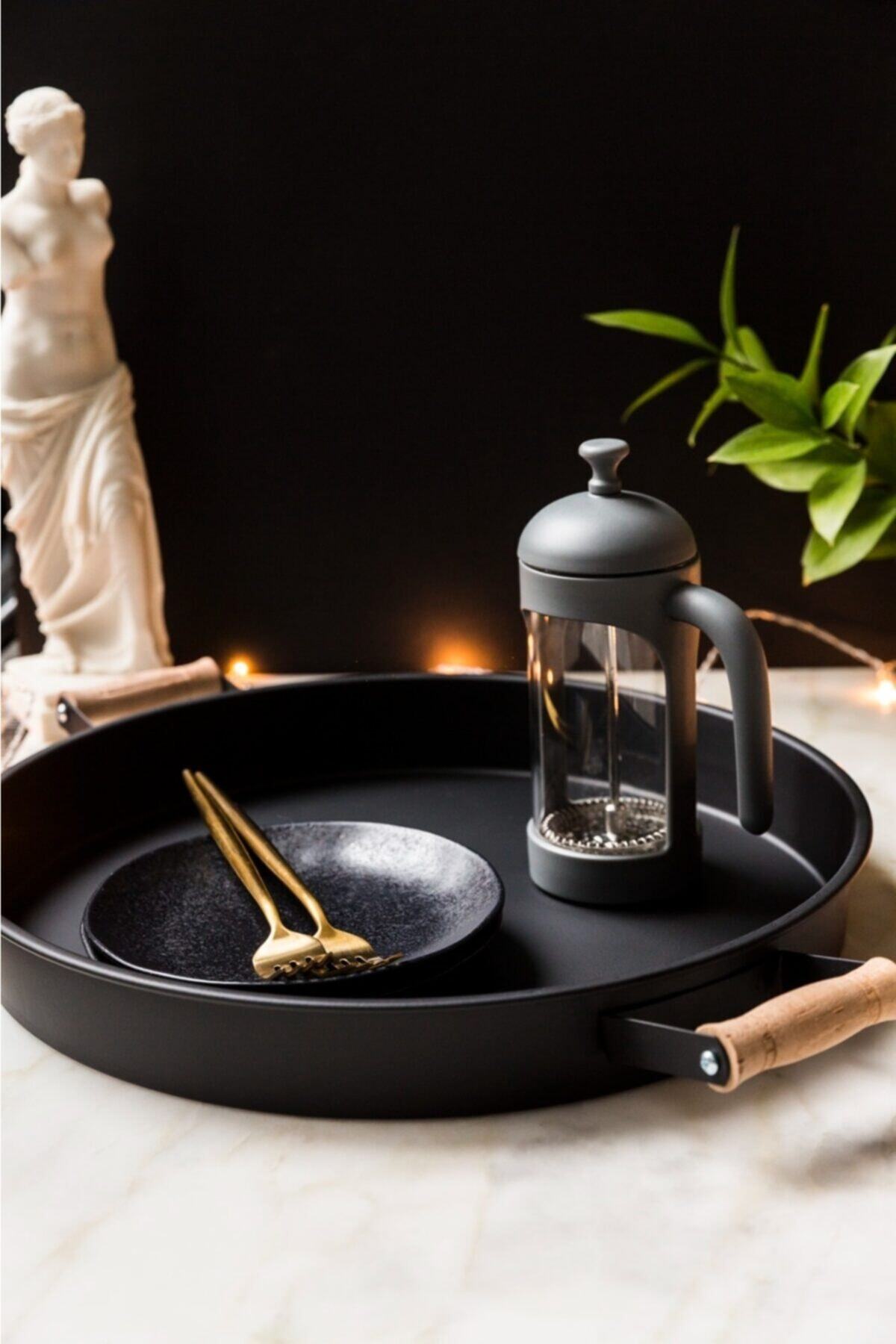 kitchen trend Galvaniz Yuvarlak 37 Cm Ahşap Kulplu Siyah Tepsi