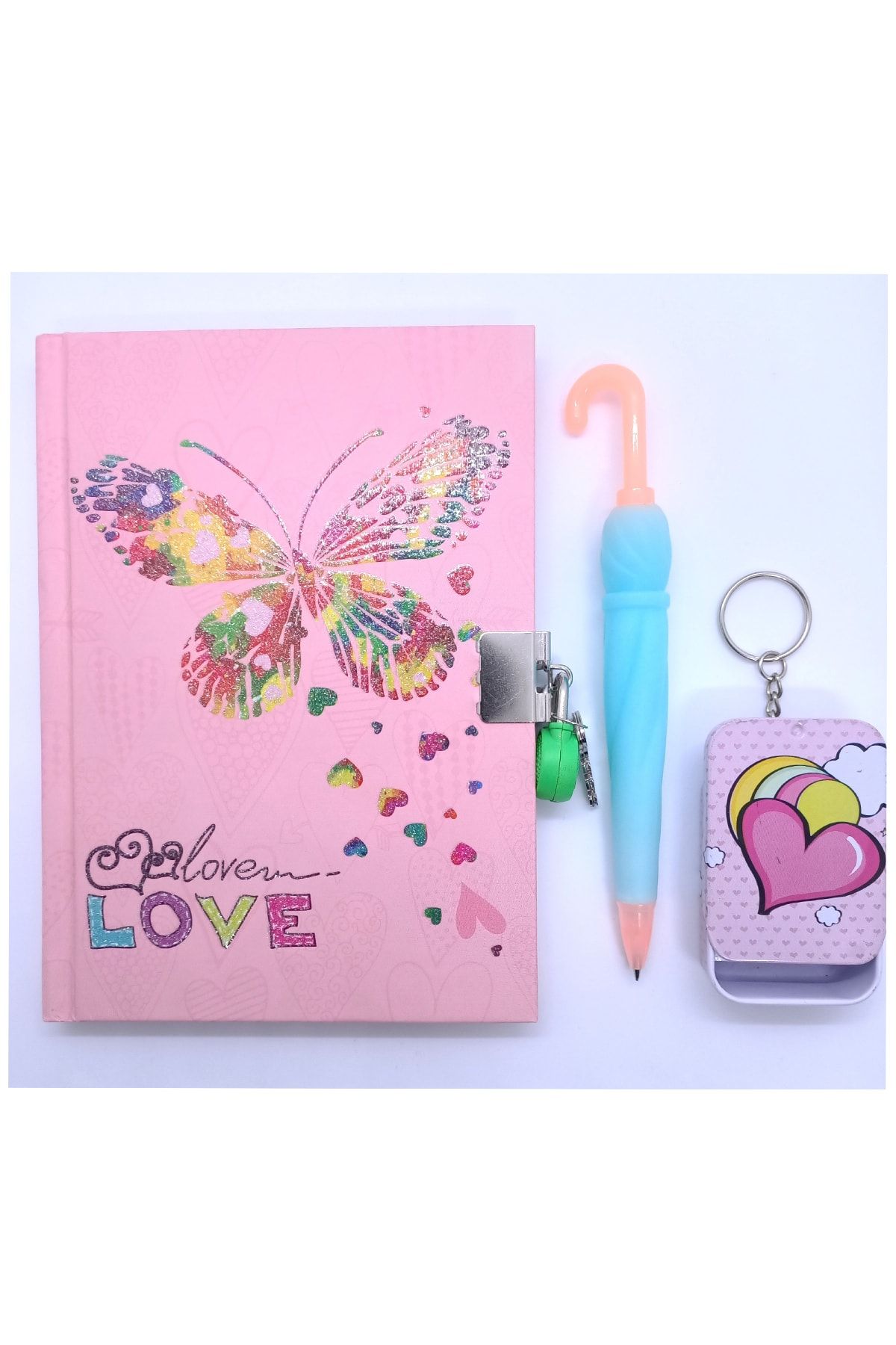 Bayındır Defter Bayındır Hatıra Defteri Kilitli + Şemsiye Versatil 0.7 + Anahtarlık Kalp Kutu Pembe