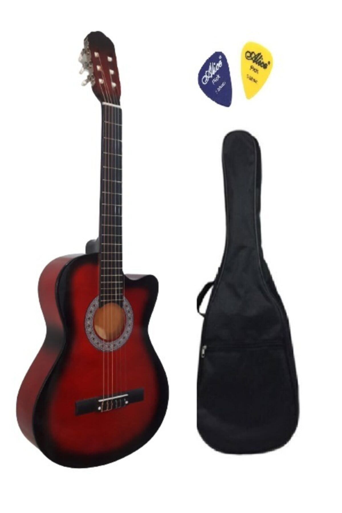 müzikhane 4/4 Tam Boy Kesik Kasa Kırmızı Klasik Gitar Kılıf Ve Pena
