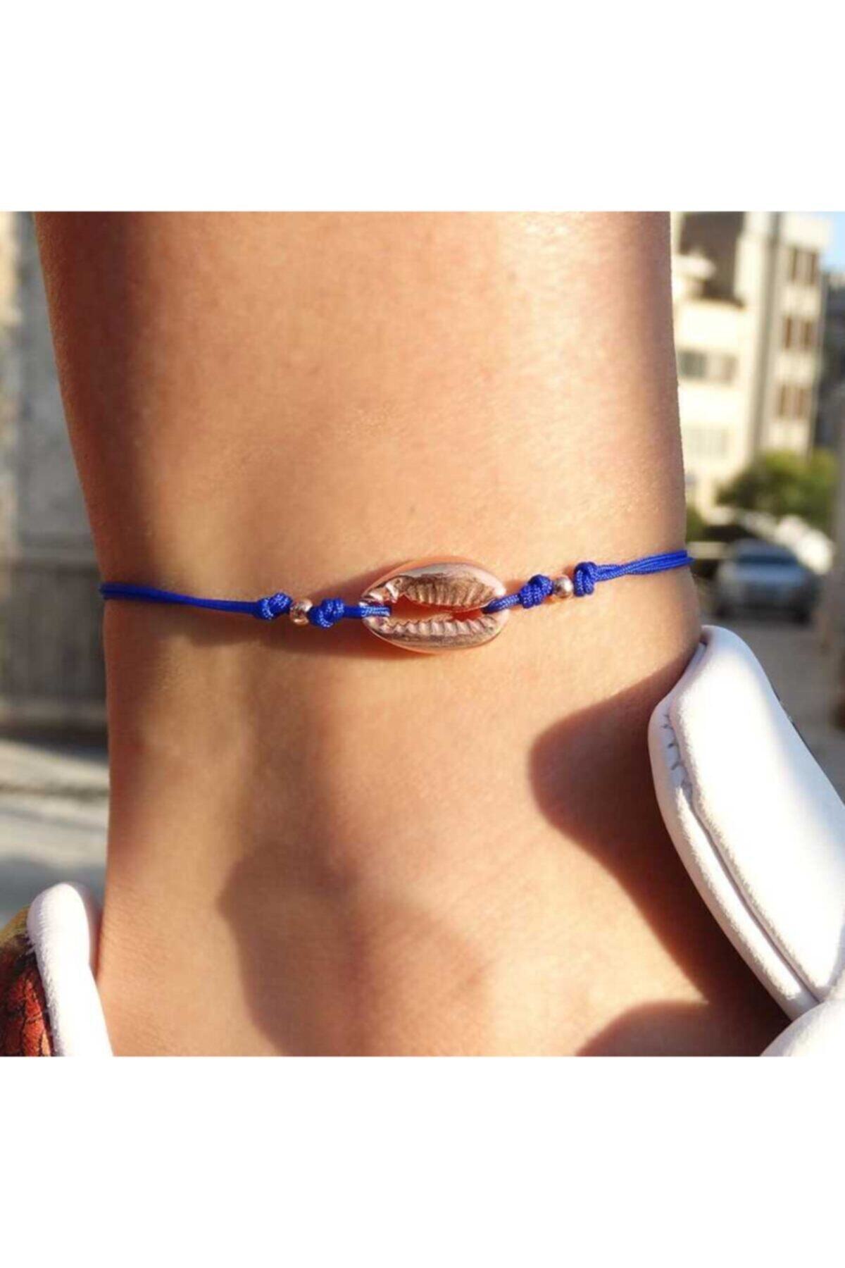 CNG Kadın Rose Altın Rengi Istiridye Kabuğu Mavi Ip Halhal Ve Bileklik