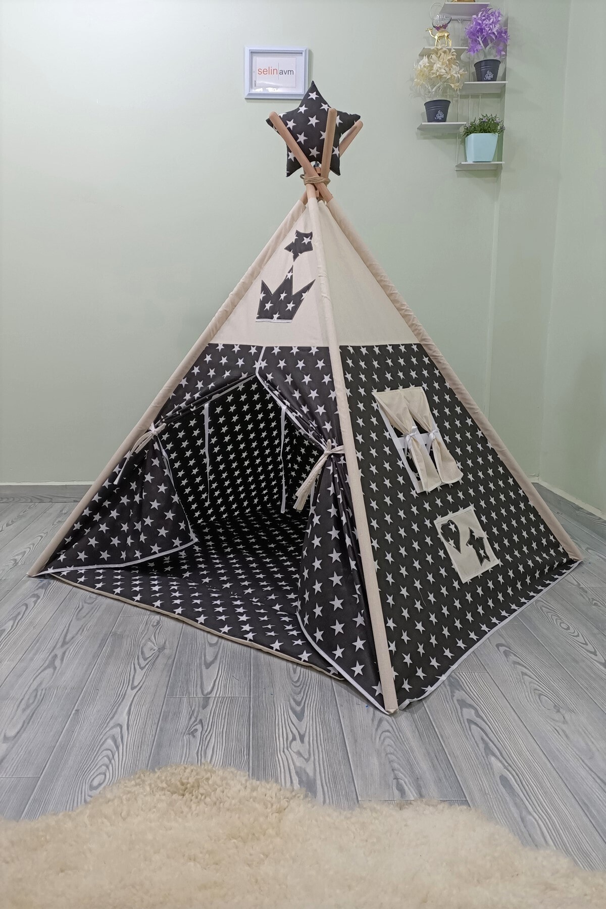 Henna Prime Sabitlenebilir Çocuk Oyun Çadırı Siyah Beyaz Yıldızlı