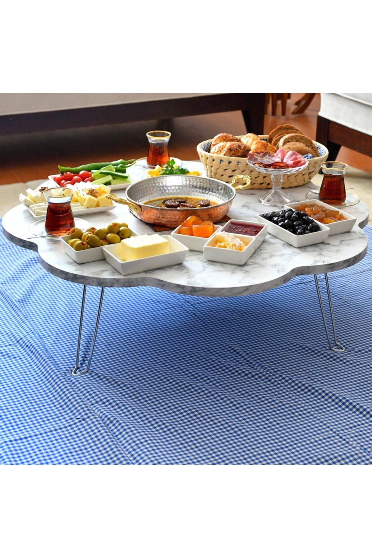 arvenlive Arven 80 Cm Beyaz Mermer Desenli Ahşap Katlanabilir Papatya Yer Sofra, Yer Masası, Yemek Masa