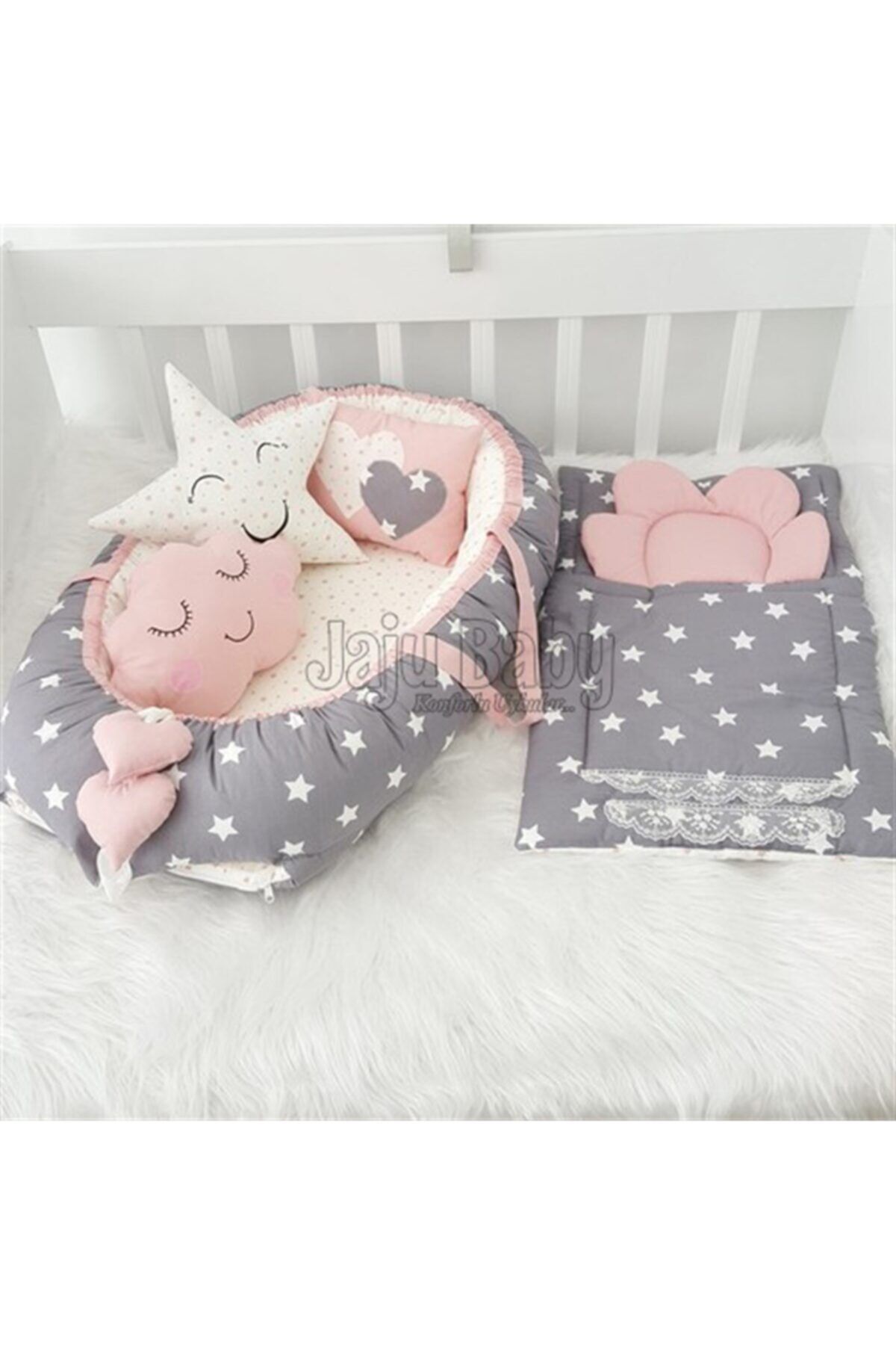 Jaju Baby Gri Yıldızlı Pudra Ortopedik Lüx Babynest Set