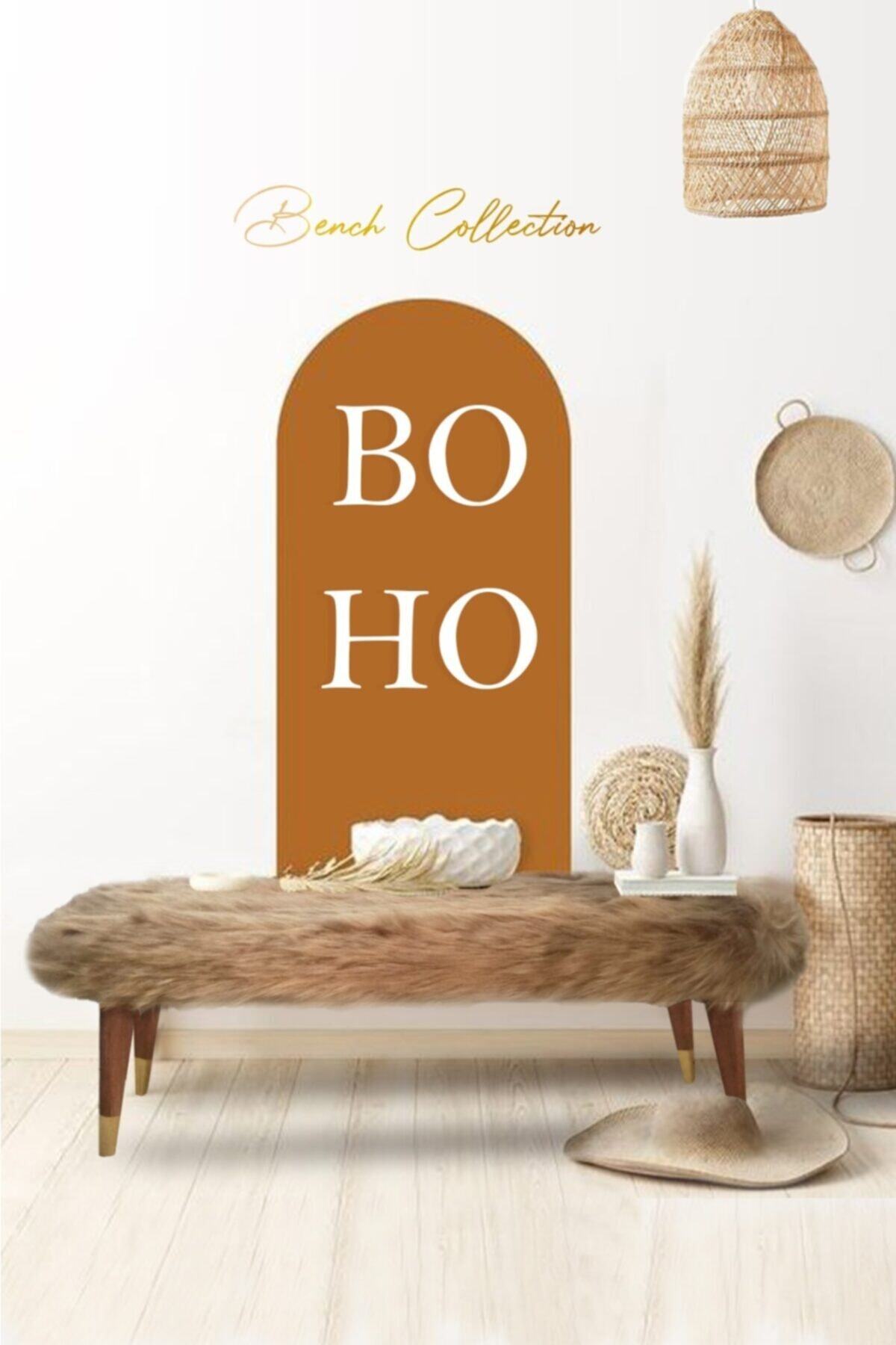 Zem Boho Bench Vizon Peluş - Masif Ahşap Ayaklı 120 Cm