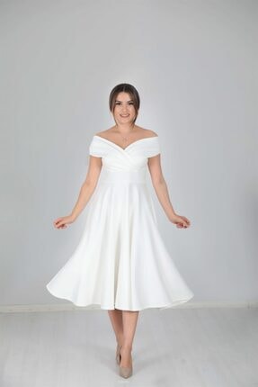 giyimmasalı Kayık Yaka Midi Elbise - Beyaz