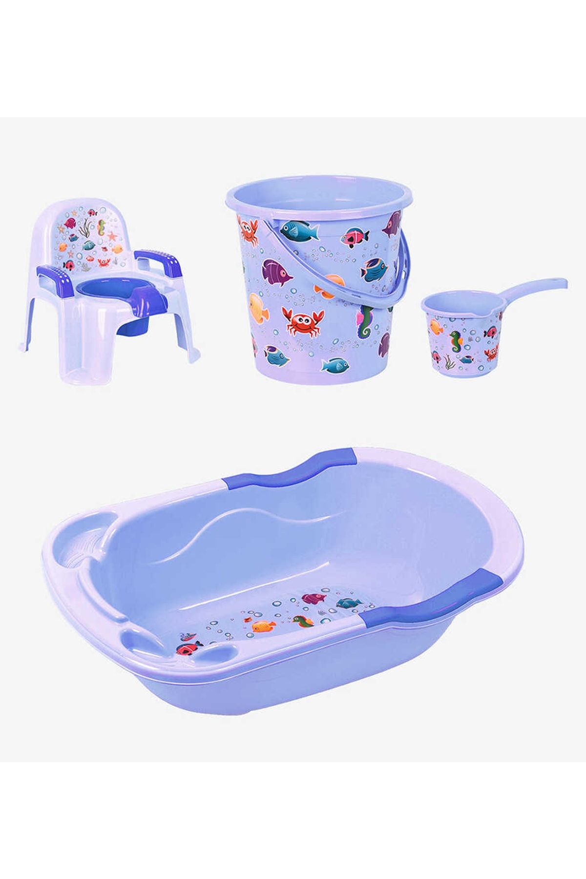 Tiny Mini Art Cm-785 Balık Desenli 5 Parça Bebek Banyo Seti Açık Mavi