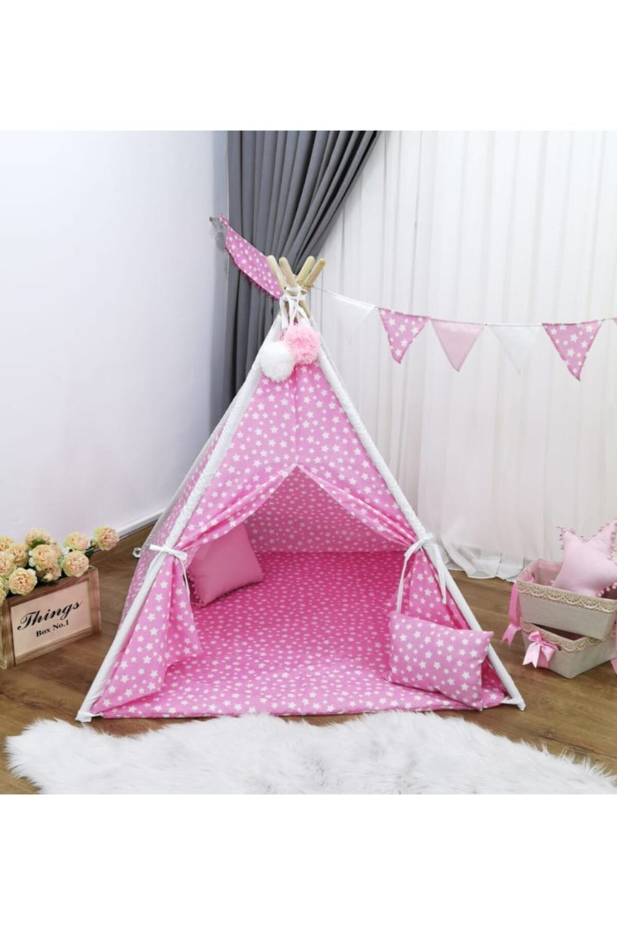 mordesign Love Çocuk Oyun Çadırı Organik Yıldızlı Kızılderili Oyun Çadırı Pembe