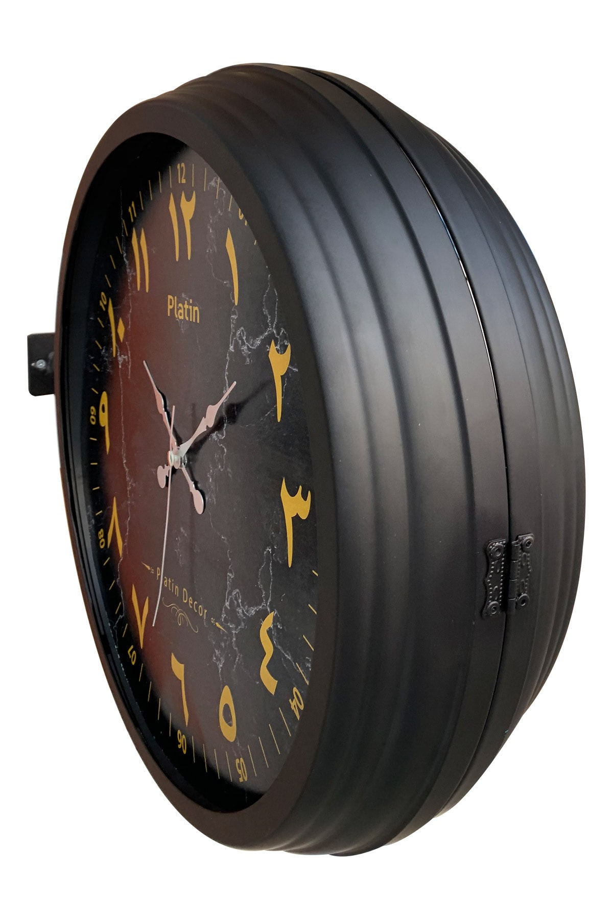 Platin Saat 40 Cm Siyah Metal Mermer Desen Arapça Istasyon Duvar Saati