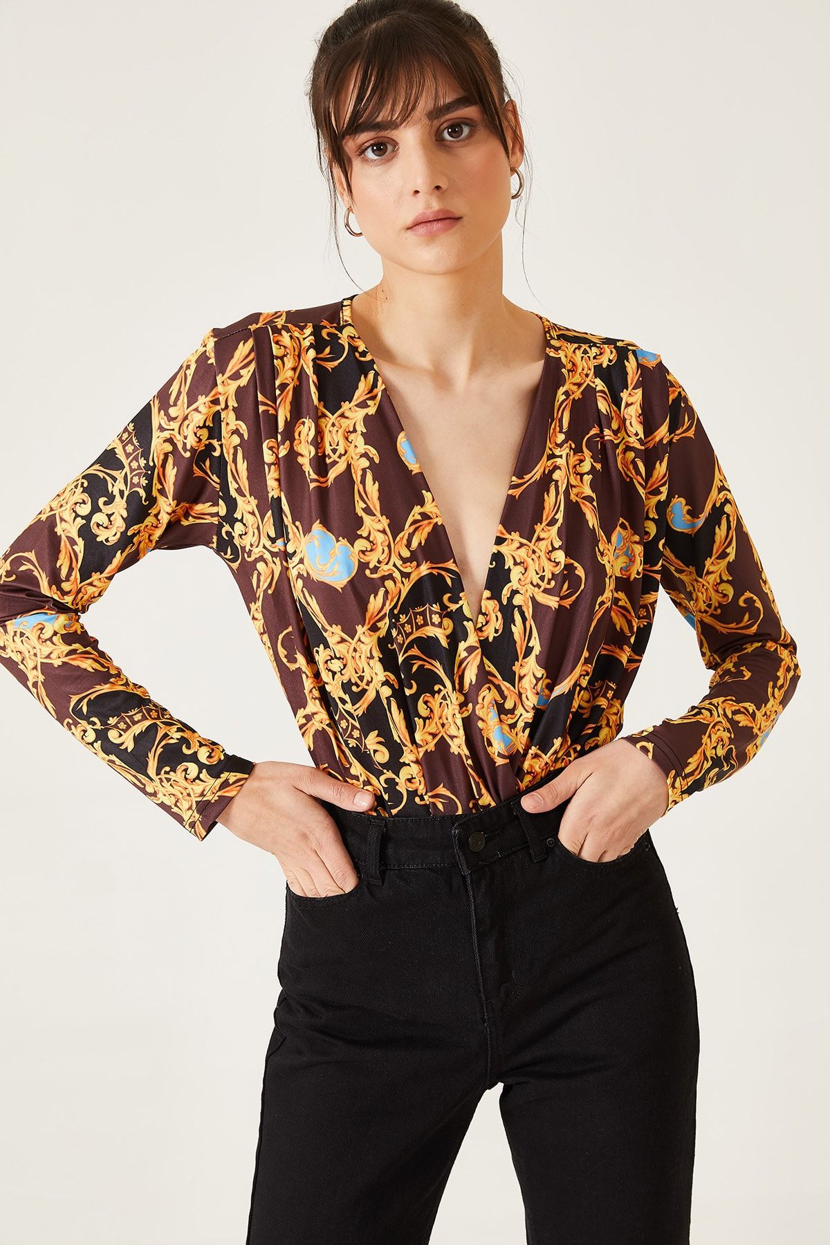 oshebu Kadın Kahverengi Desenli Kruvaze Yaka Bodysuit