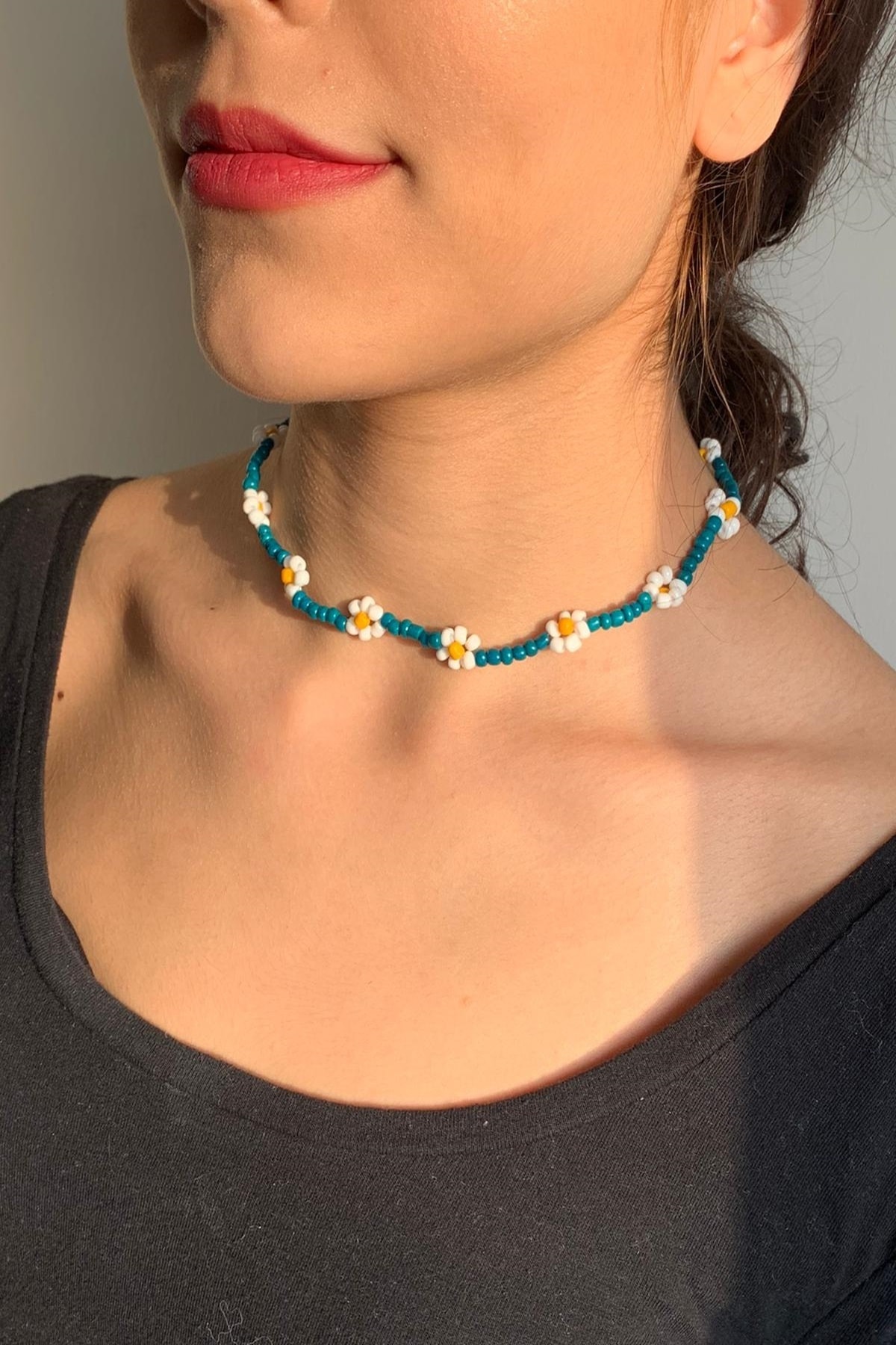 İsabella Accessories Kadın Mavi Papatya Boncuk Choker Kolye 35 cm