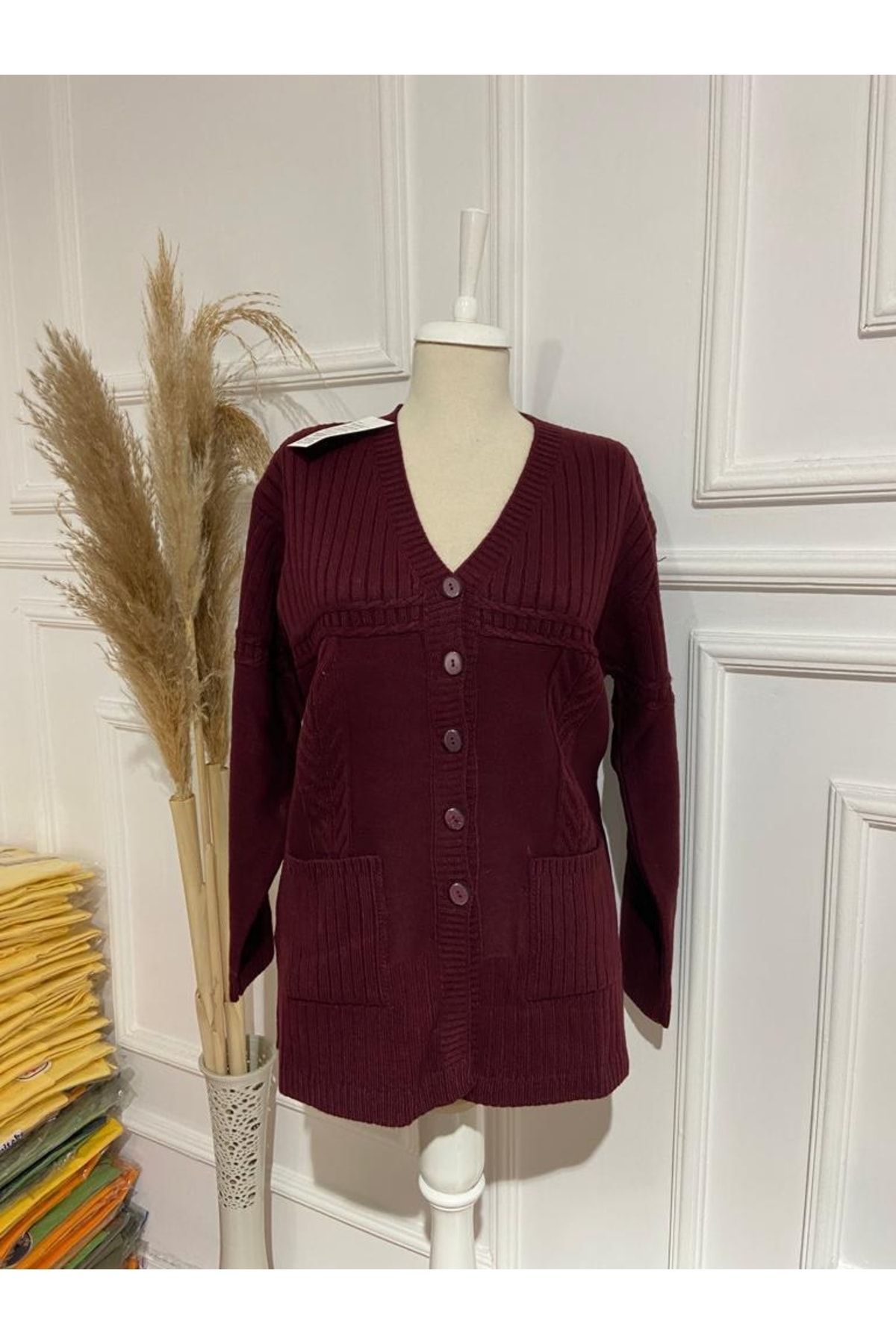 FATELLA Plus Size Cardigan Burgundy Regular fit Trendyol