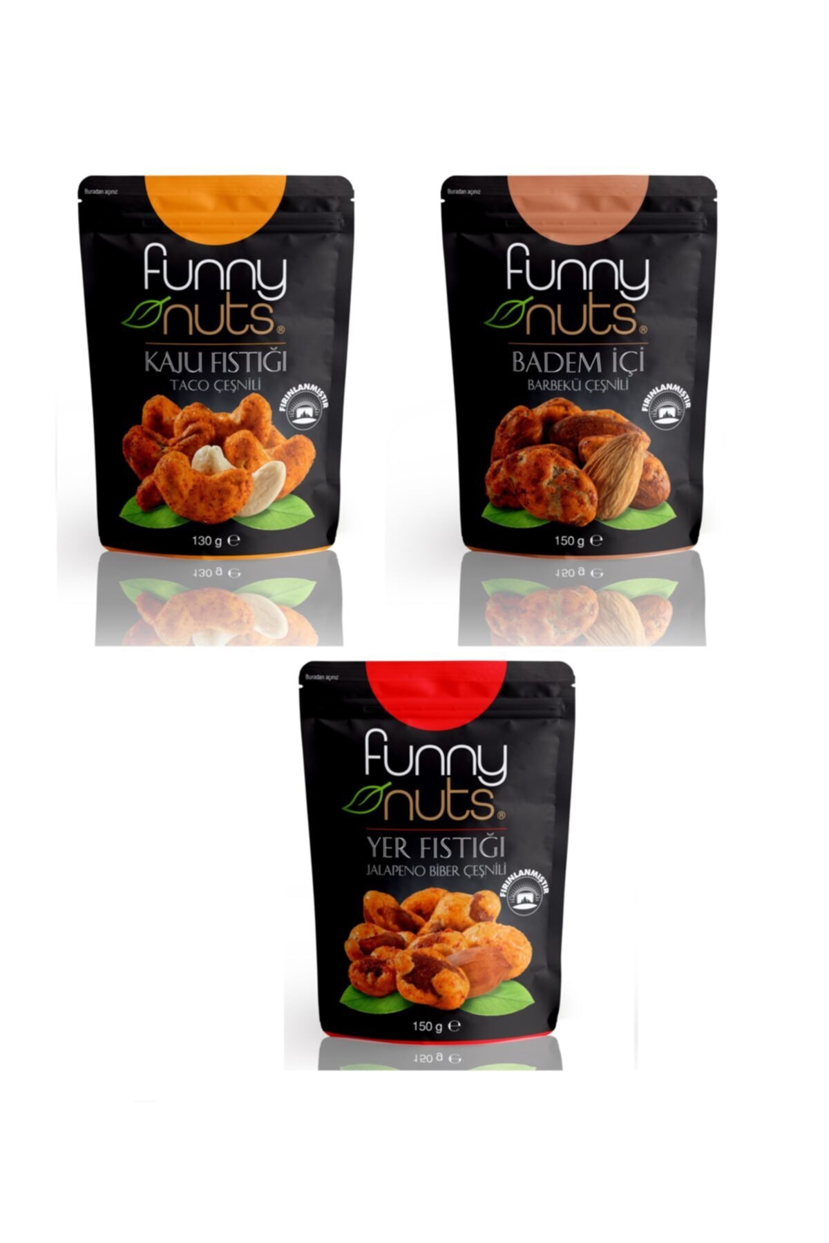 Funny Nuts Muhteşem Üçlü Paketi Barbekü Çeşnili Badem Içi, Nuts Kaju Fıstığı, Nuts Jalapeno Biber Çeşnili