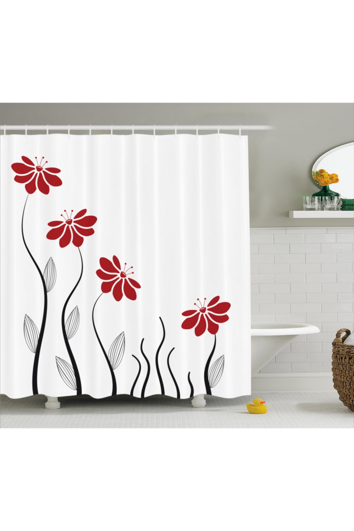 Orange Venue Soyut Duş Perdesi Bordo Çiçek Desenli