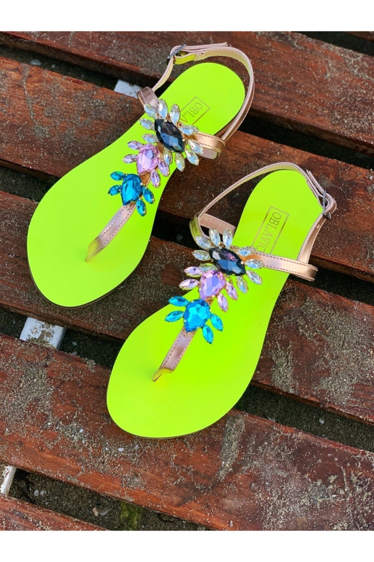 Oblavion Rio Neon Sarı Kristal Cam Taş Detaylı Kadın Sandalet