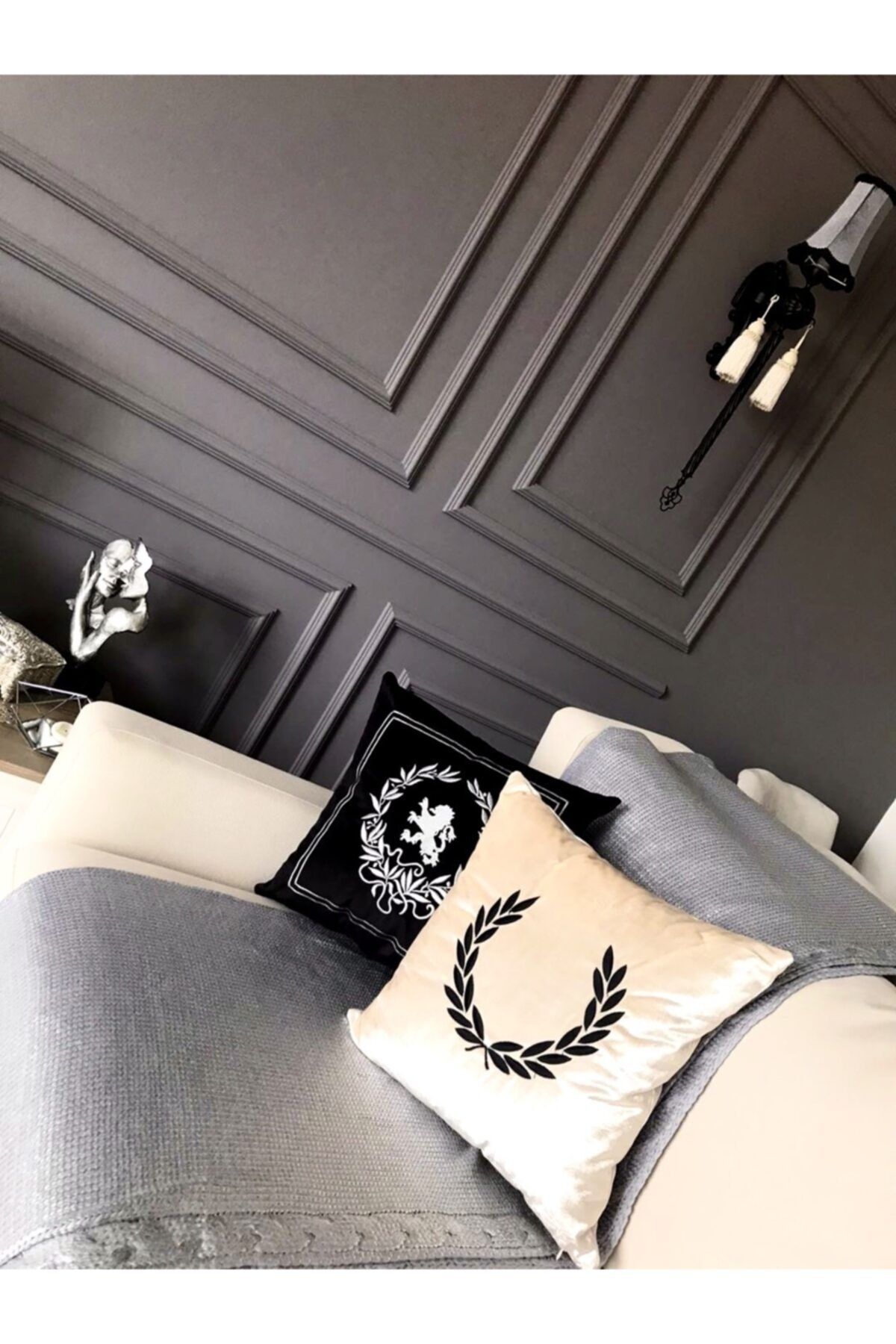 ref crea Nakışlı Kırlent Başak Ekru Siyah