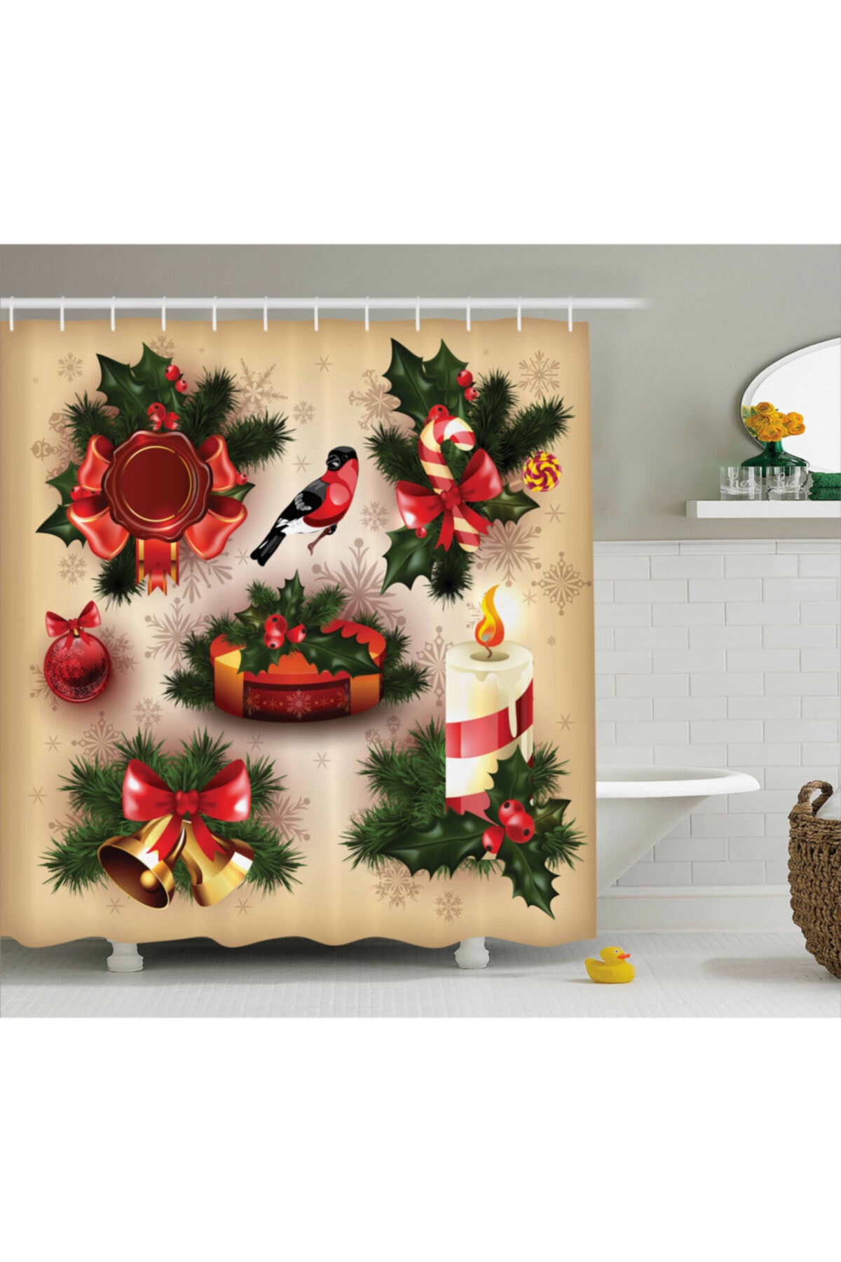 Orange Venue Kuşlar Duş Perdesi Yılbaşı Temalı Rengirenk