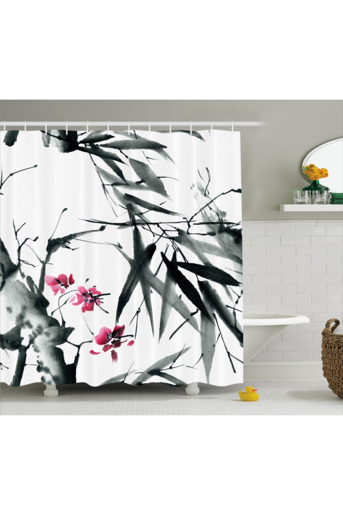 Orange Venue Çiçekli Duş Perdesi Bambu Desenli