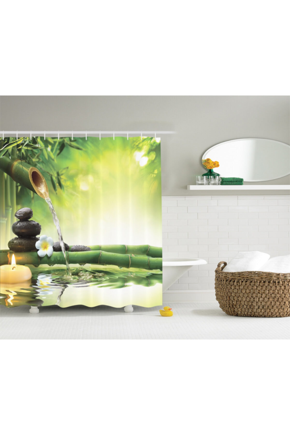 Orange Venue Çiçekli Duş Perdesi Bambudan Akan Su Rengirenk