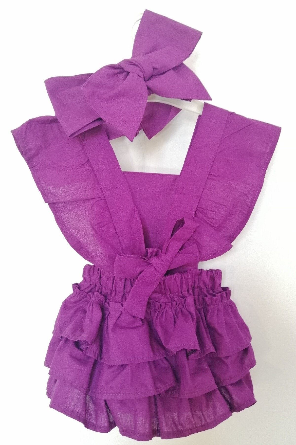 özge başaran Bebek Mor Fırfırlı Salopet Tulum + Bandana + File Çorap